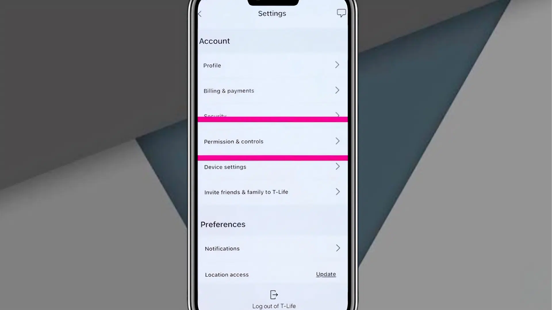 smartphone displaying t mobile settings menu with permission and controls section highlighted in pink on mobile screen