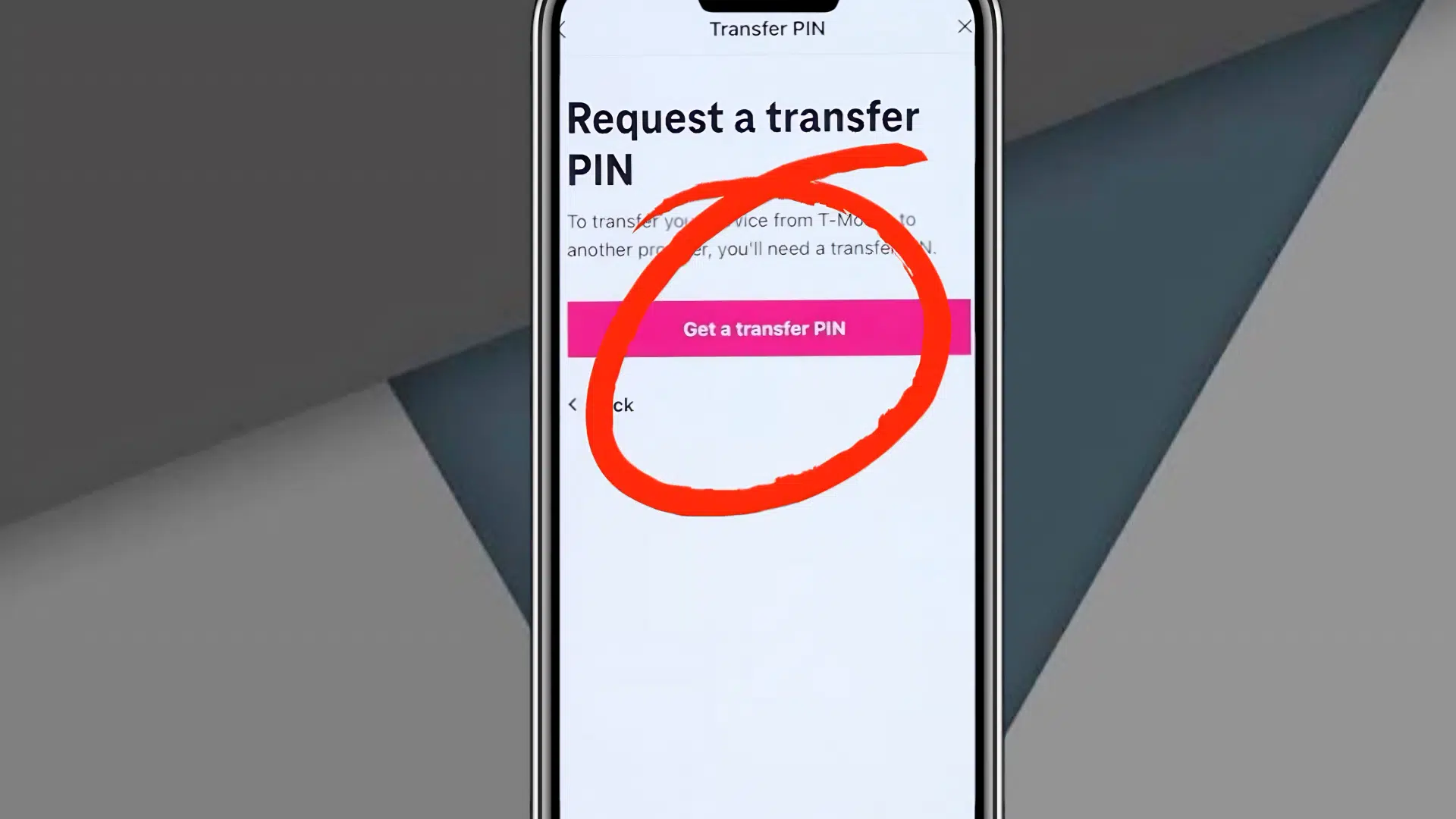 smartphone displaying transfer pin request page with get a transfer pin button highlighted by red hand drawn circle