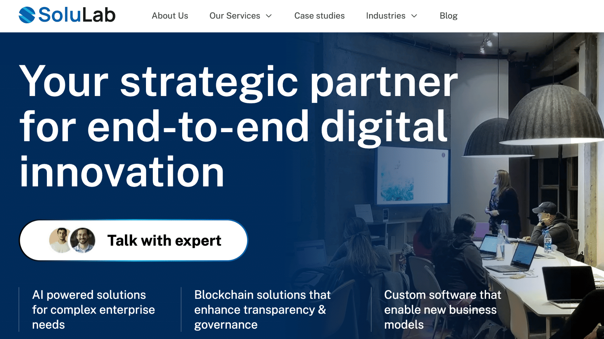 solulab homepage showing blockchain and digital innovation services for enterprise business solutions
