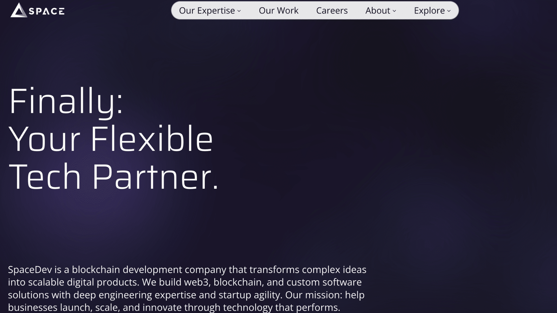 spacedev blockchain development homepage promoting web3 solutions and scalable digital products