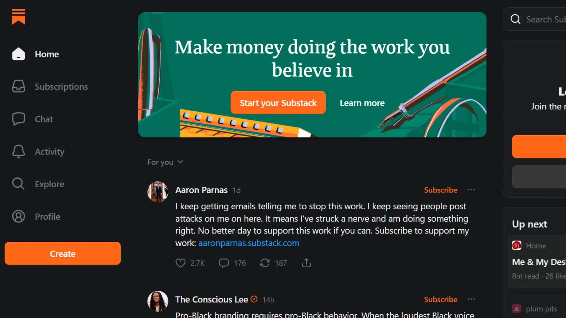 substack homepage showing newsletter feed sidebar menu and content creator subscription options