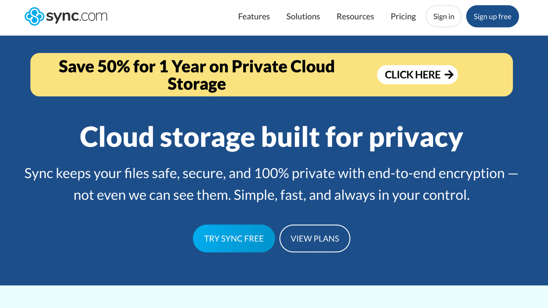 sync com webpage promoting private cloud storage with a fifty percent discount banner on a blue background