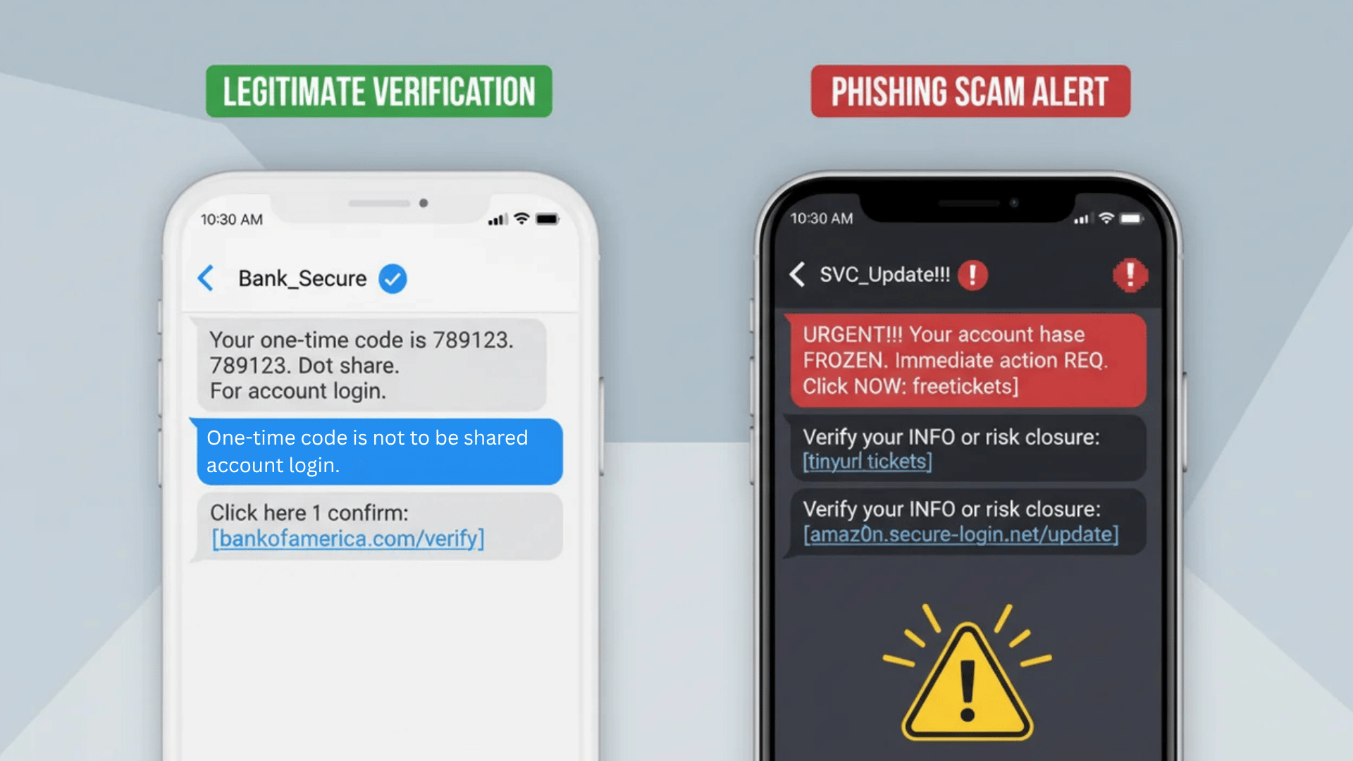 two smartphones displaying legitimate bank verification message and phishing scam alert with warning symbol on screen