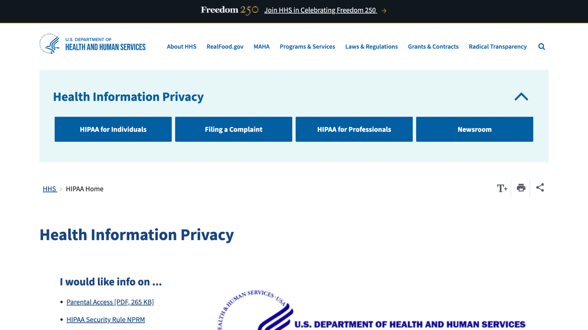 us department health human services webpage showing hipaa privacy options and document tracking services links for users