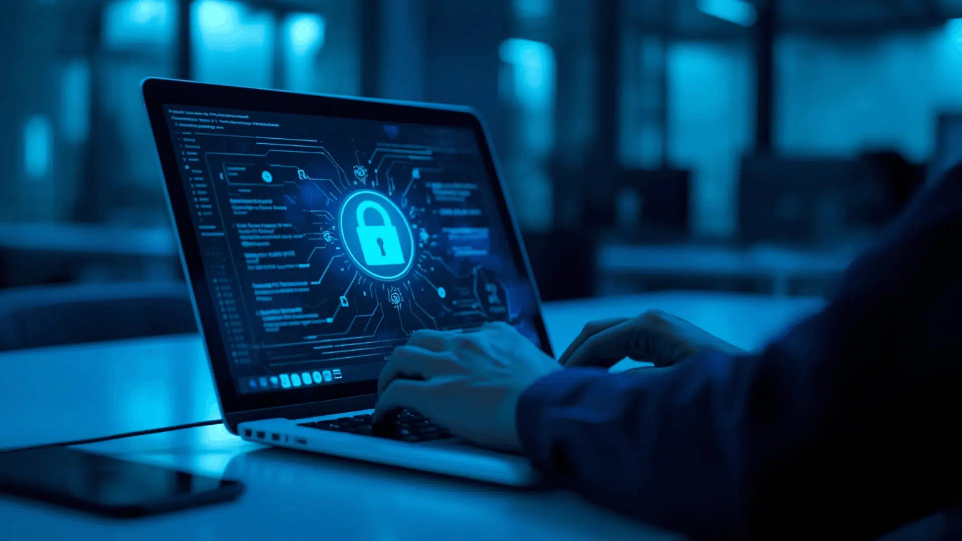 using laptop with digital lock interface in blue lit workspace for cybersecurity protection