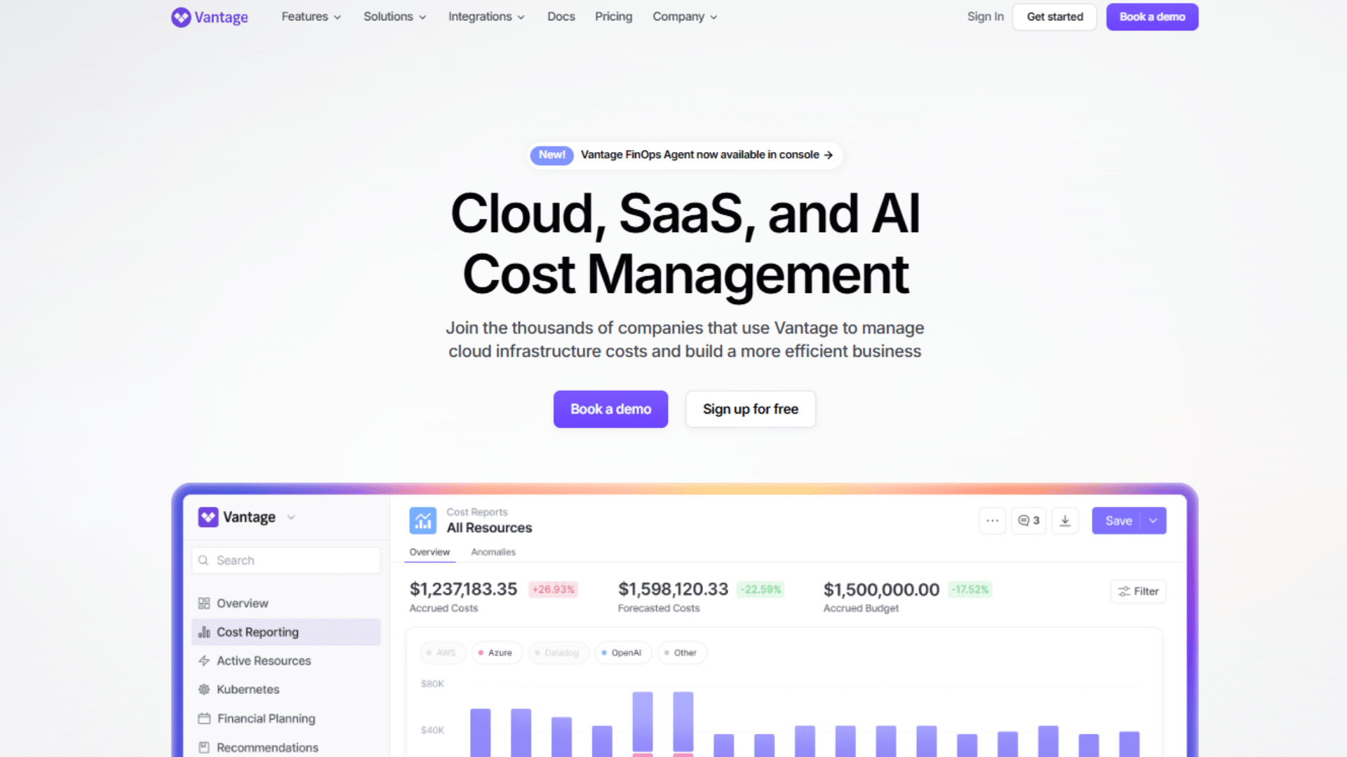 vantage homepage showing cloud saas and ai cost management dashboard with charts and reports
