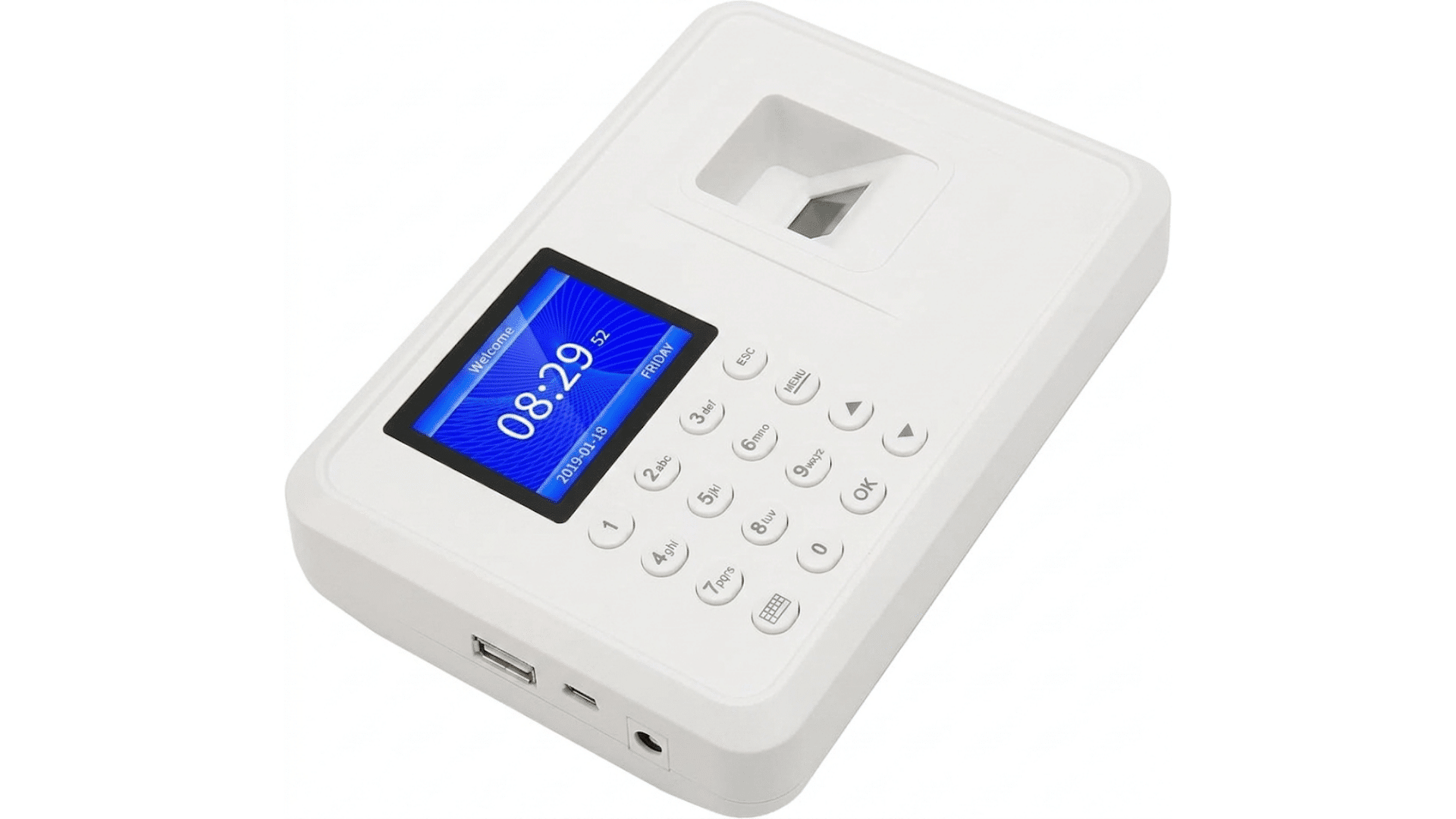 white biometric attendance device with digital display keypad and fingerprint scanner on a white background