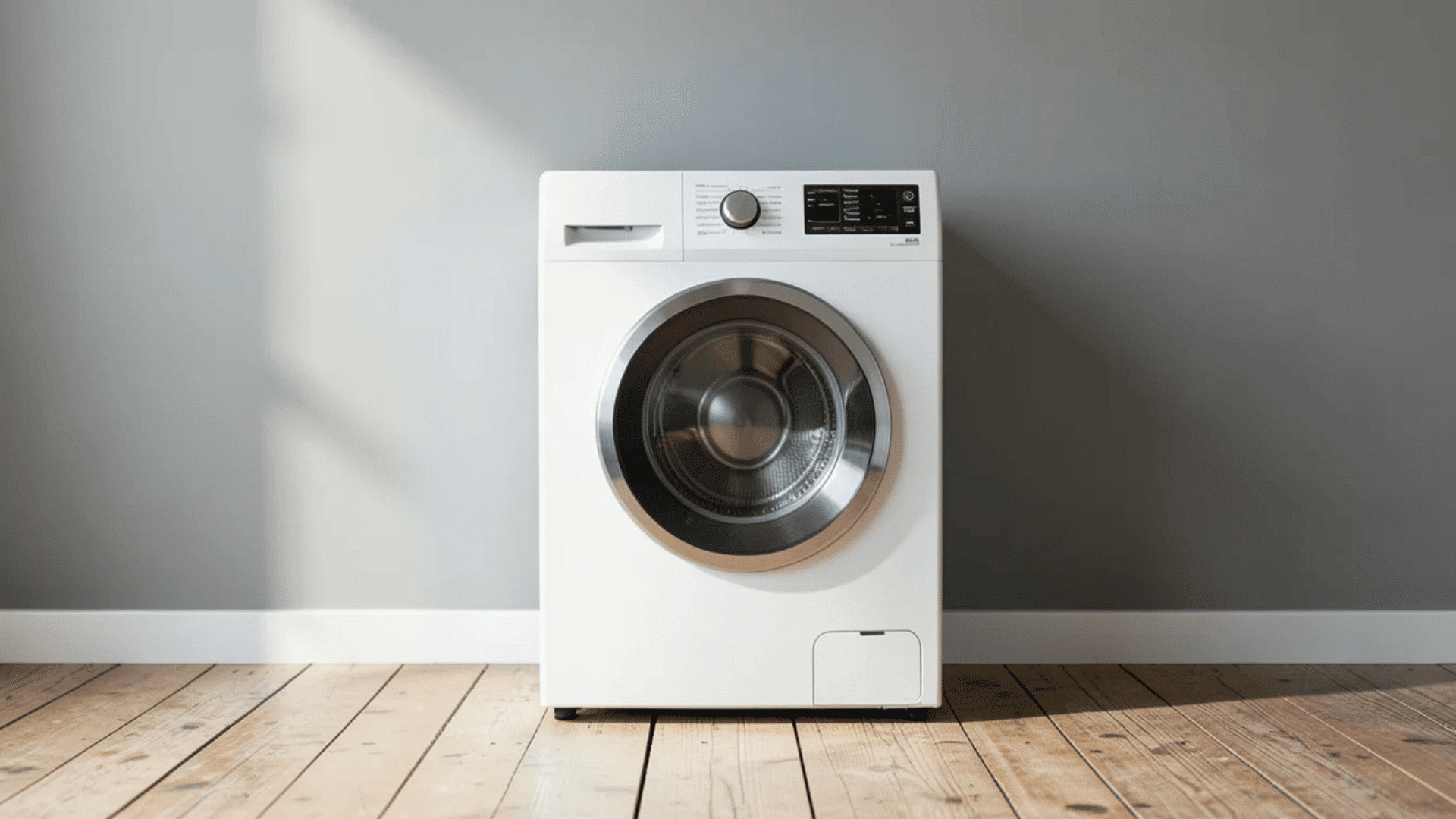 white front loading washing machine placed on a wooden floor against a gray wall with sunlight coming through window