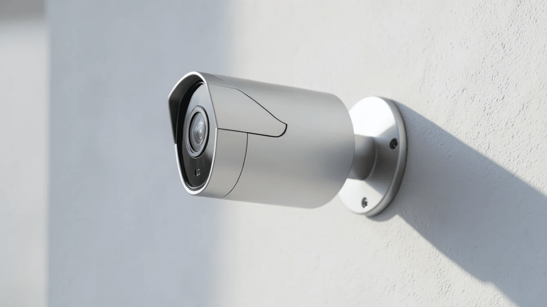 white outdoor security camera mounted on a wall with sunlight casting a shadow beside the device