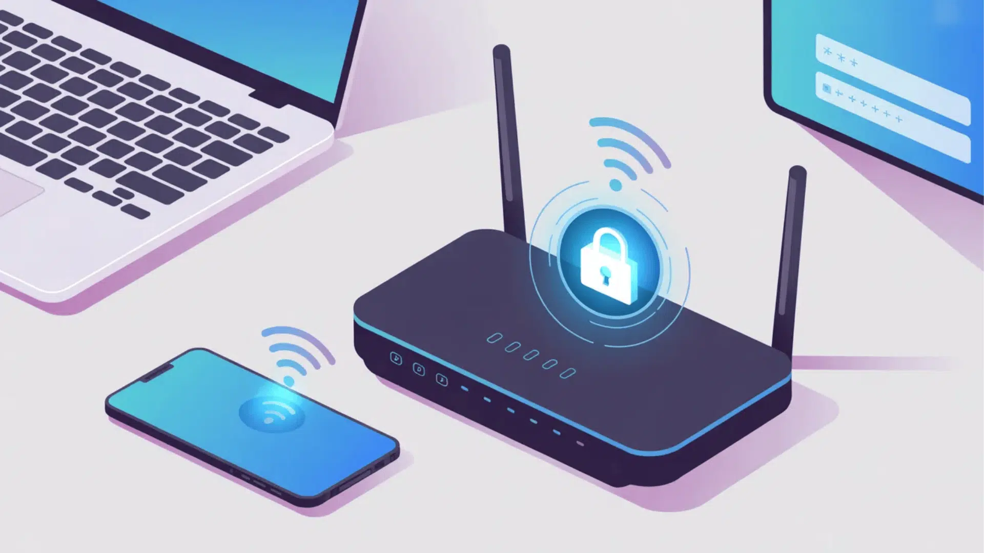 wifi router with lock icon connected to laptop and smartphone showing secure network
