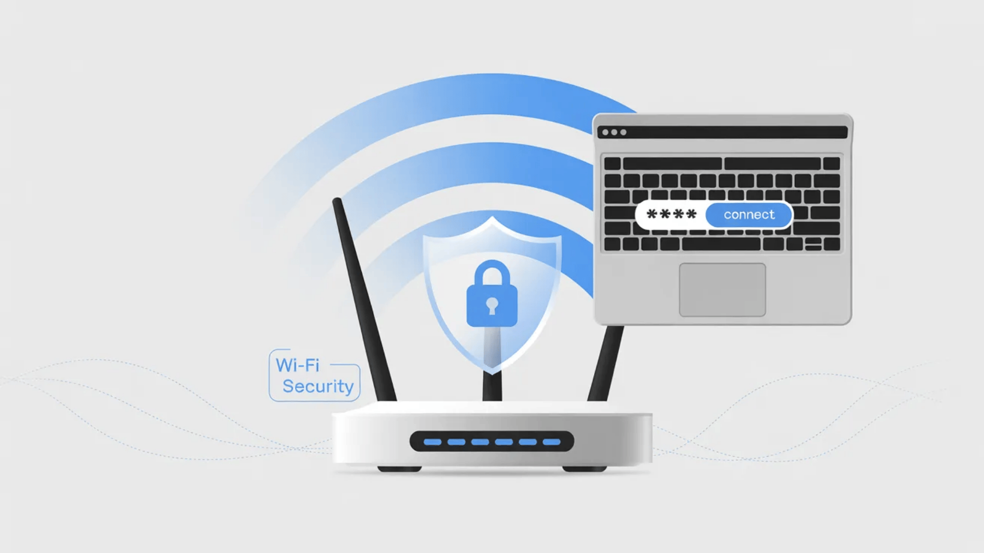 wifi router with lock shield and laptop showing password entry for network security