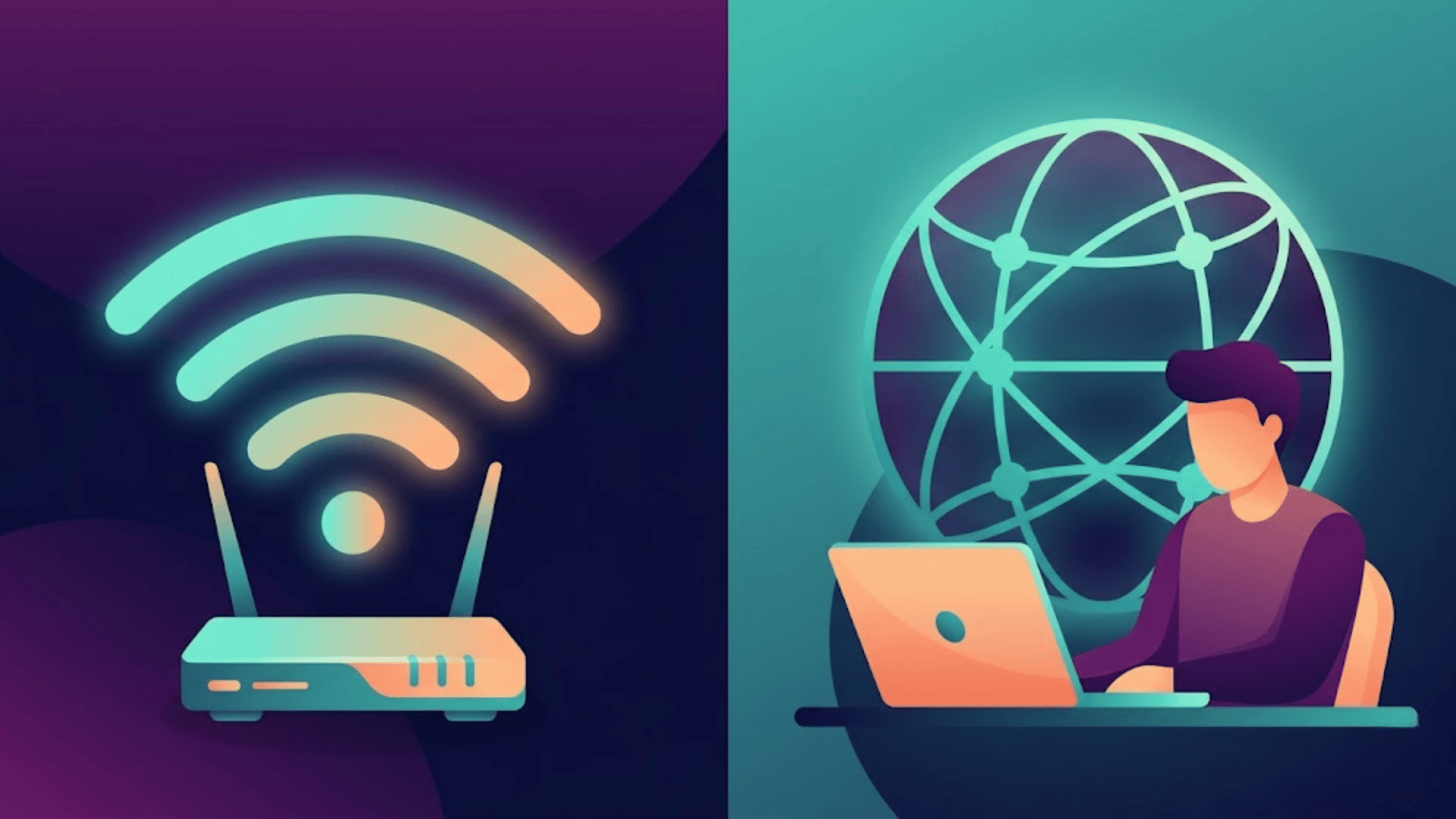 wifi vs internet concept image with wireless router digital globe and laptop user in modern split layout