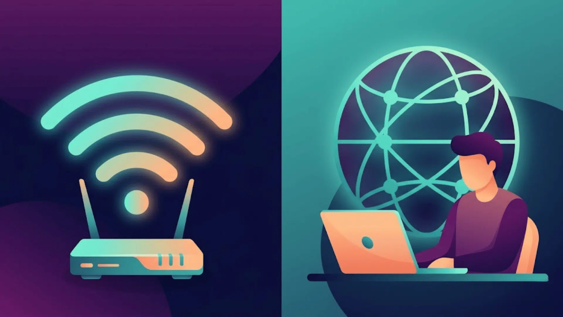 wifi vs internet concept image with wireless router digital globe and laptop user in modern split layout