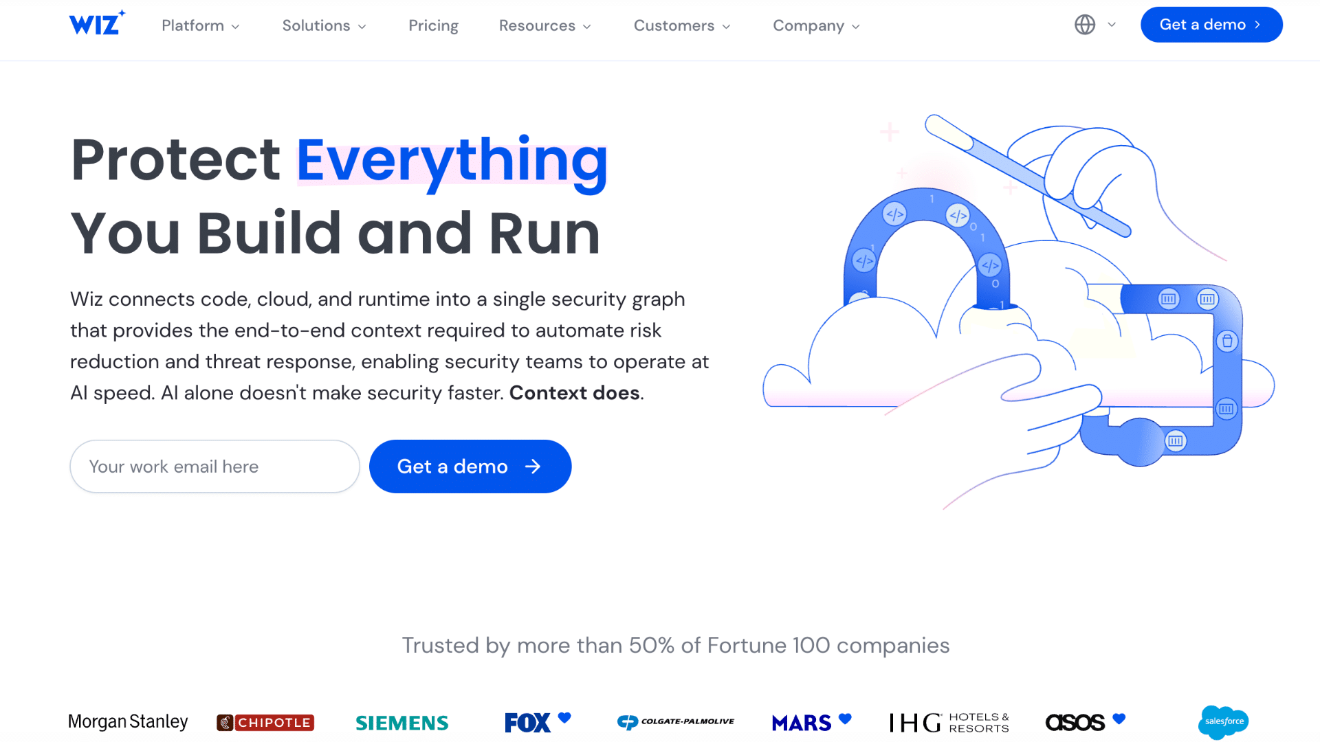 wiz homepage banner promoting cloud security platform with illustration of hands protecting cloud and application icons