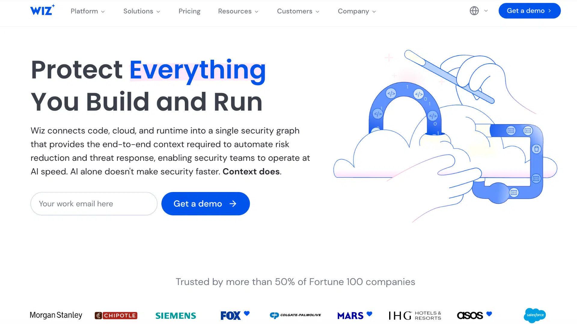 wiz homepage banner promoting cloud security platform with illustration of hands protecting cloud and application icons