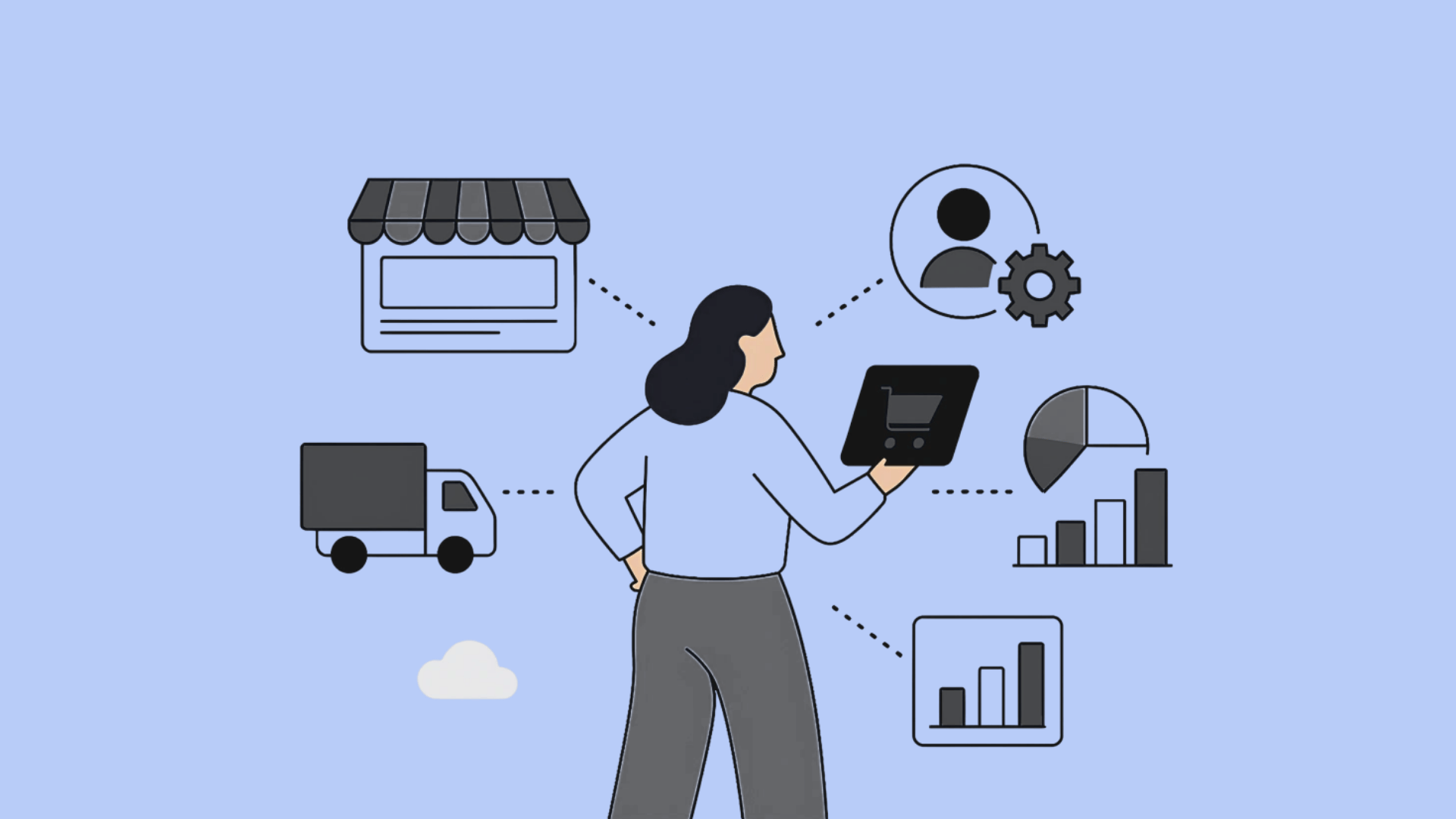 woman using digital business tools with ecommerce delivery analytics and customer management icons