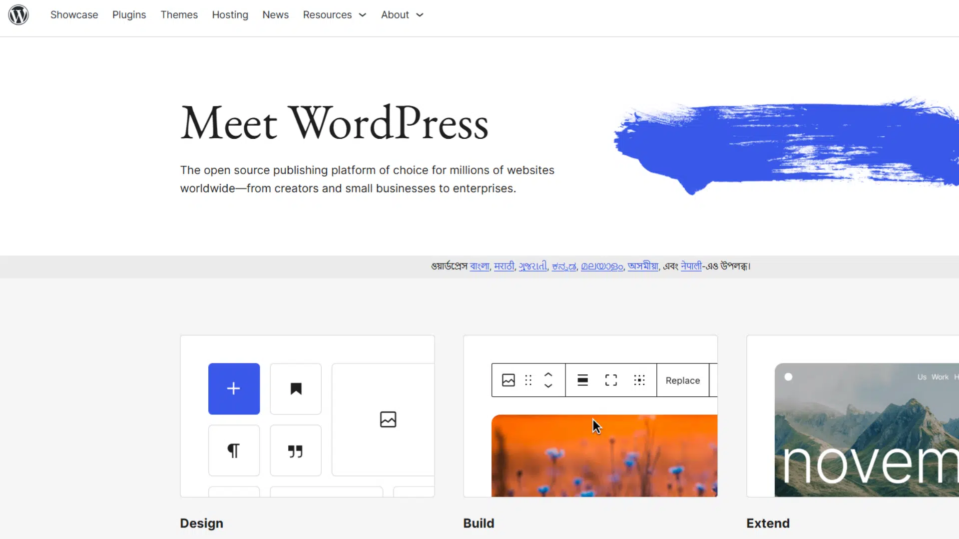 wordpress homepage showing website builder tools themes plugins and publishing features