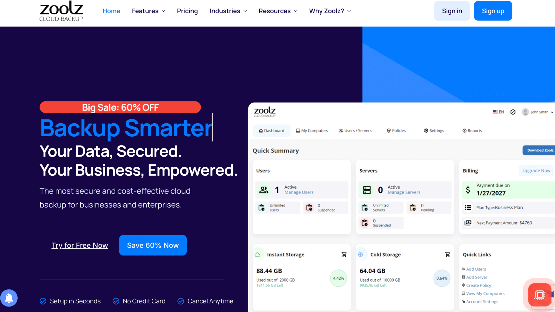 zoolz webpage advertising cloud backup for businesses with a dashboard interface showing storage and user stats