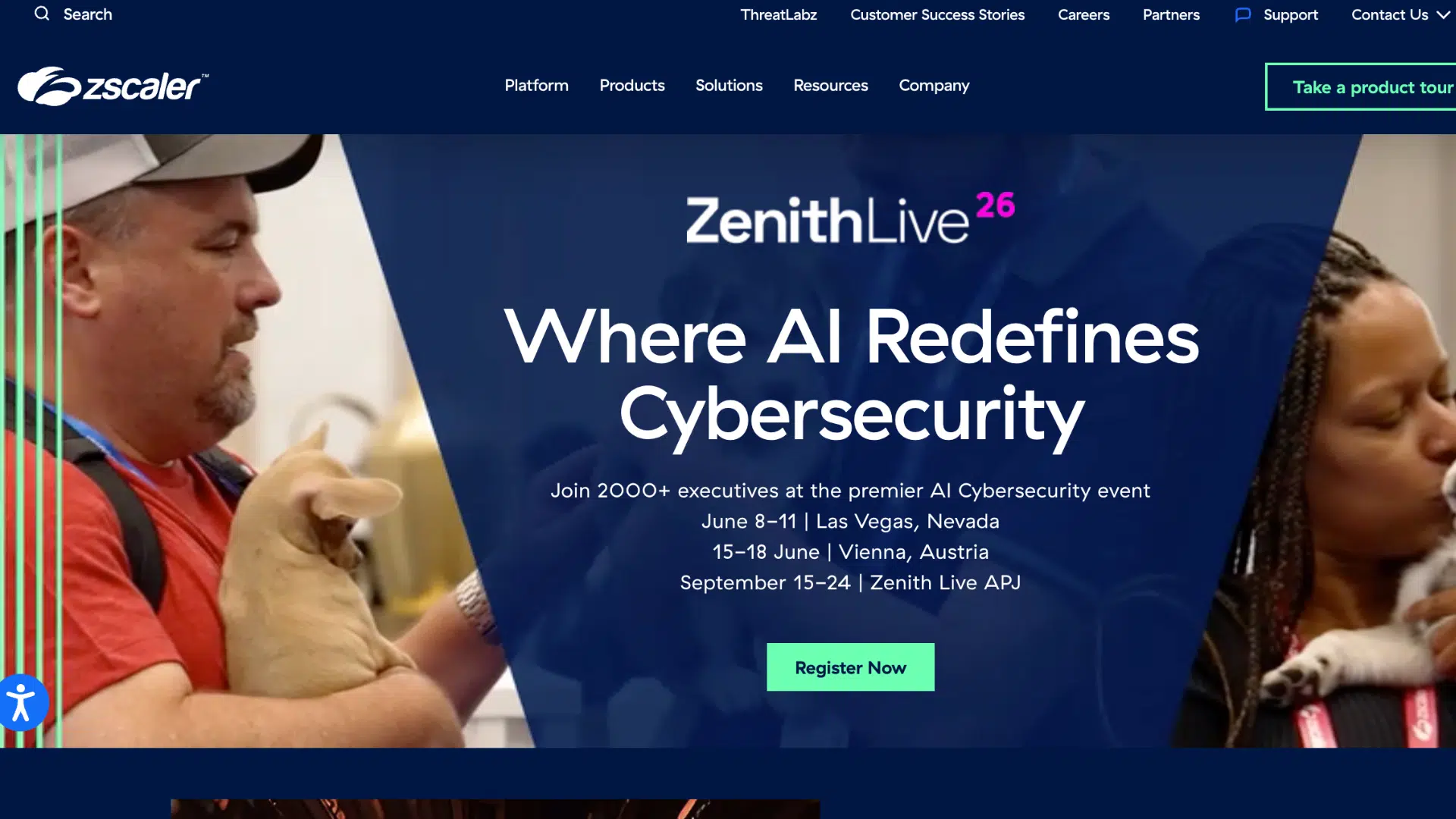zscaler event banner promoting ai cybersecurity conference with people holding puppies and registration details displayed