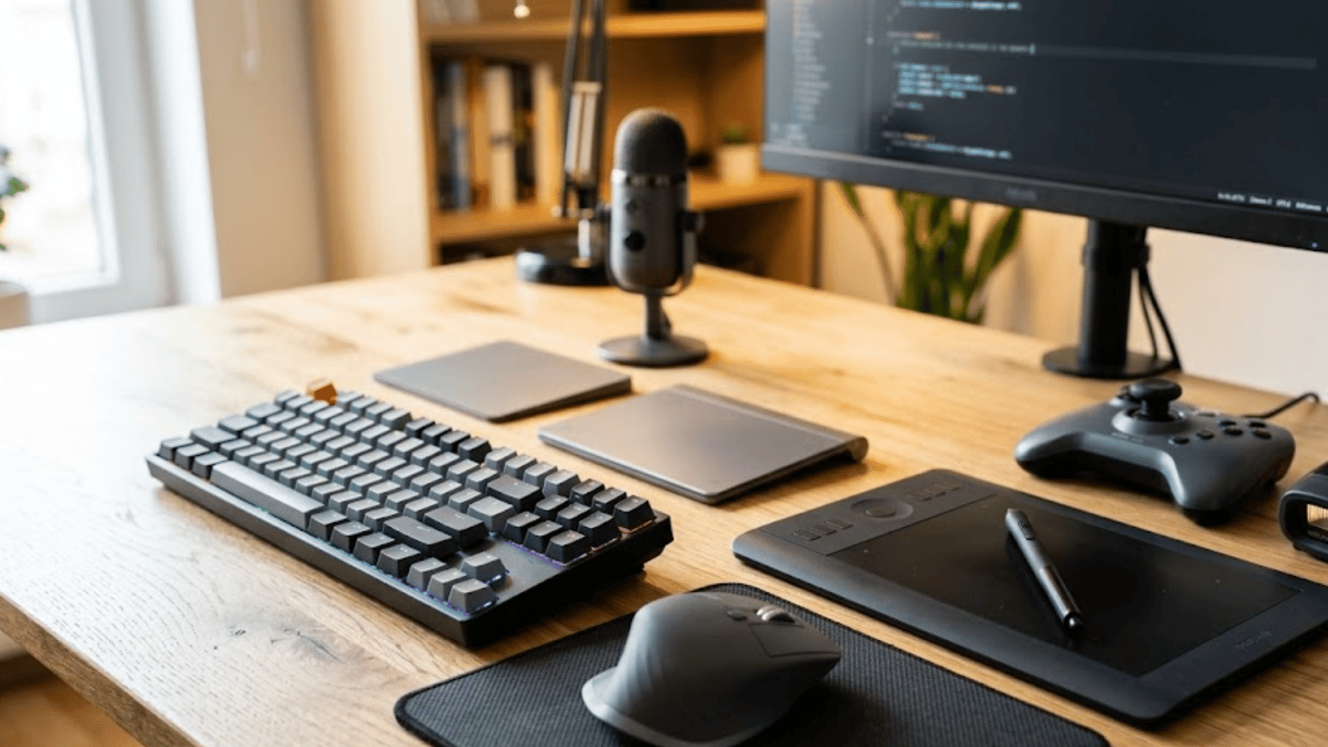 a modern computer desk with various input devices including a keyboard mouse microphone drawing tablet and game controller
