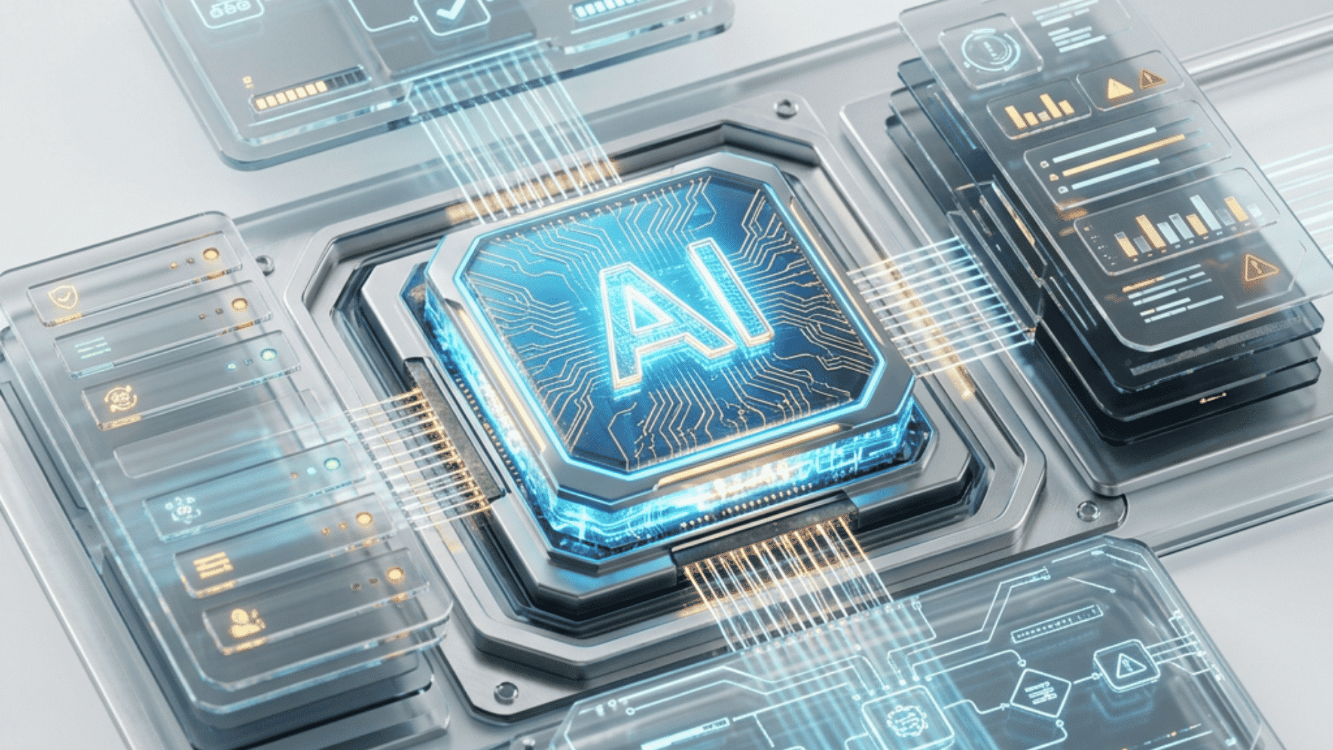 advanced ai processor connected to transparent dashboards showing analytics security checks and data flows