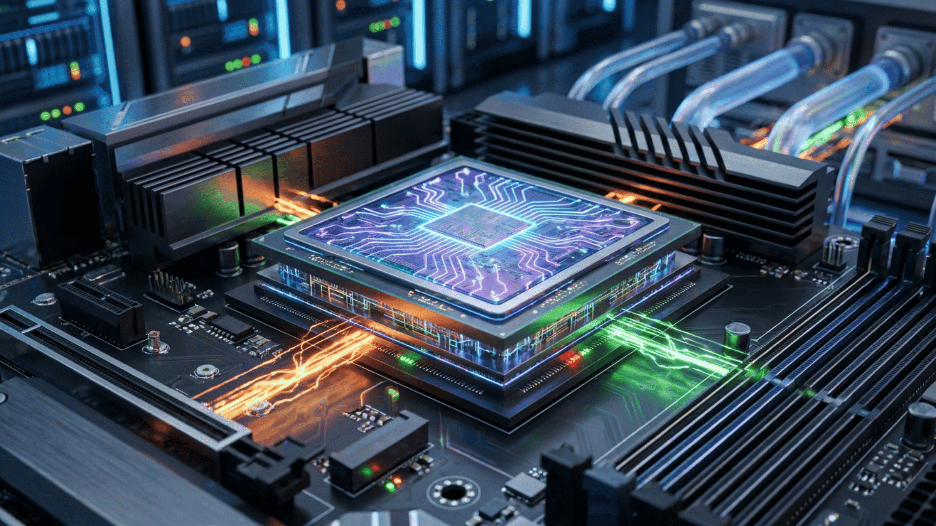 advanced processor chip mounted on a motherboard with illuminated circuits cooling systems and high speed data flow visuals