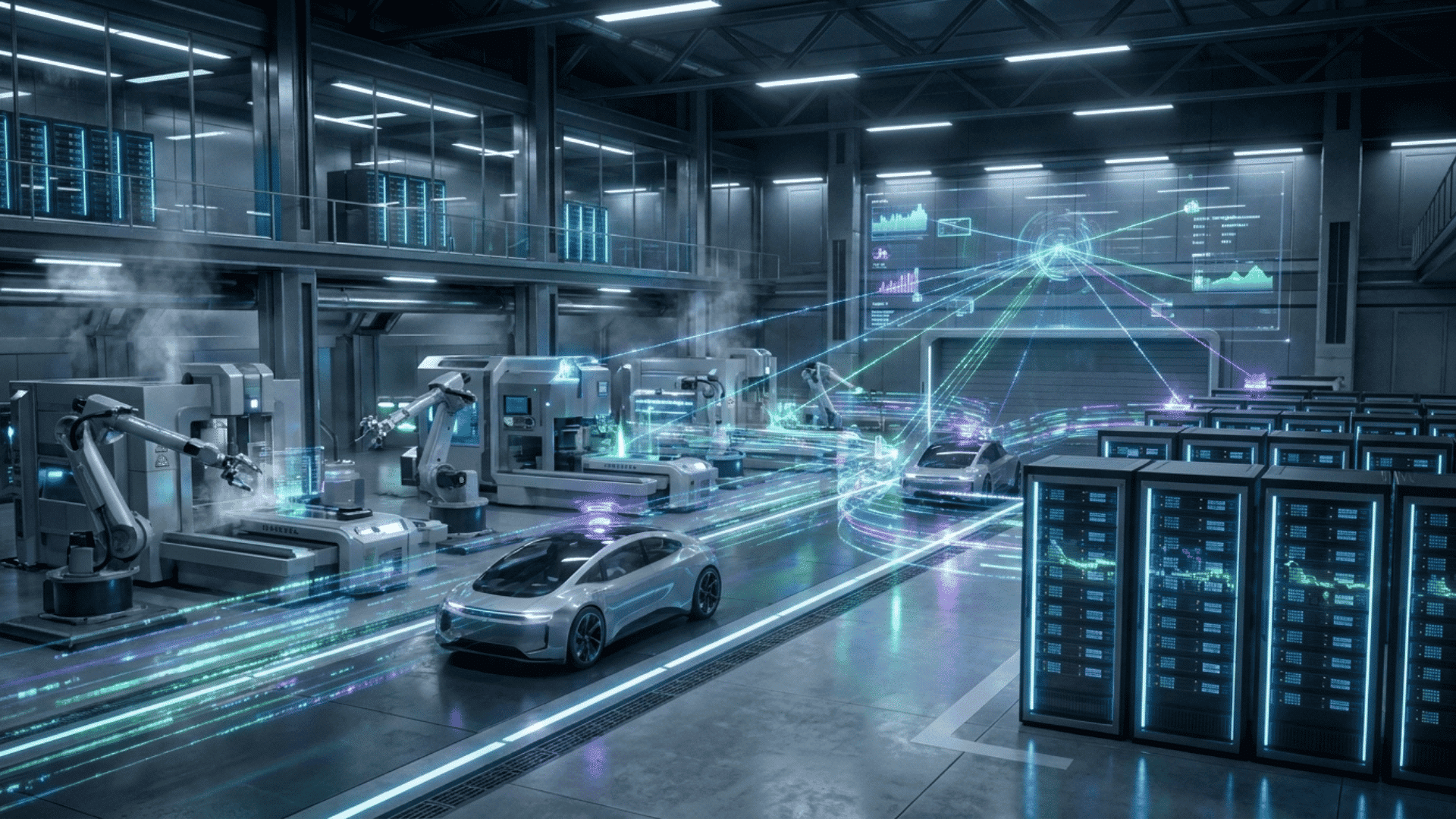 autonomous vehicles moving through a smart factory with robotic arms connected to data servers and analytics systems