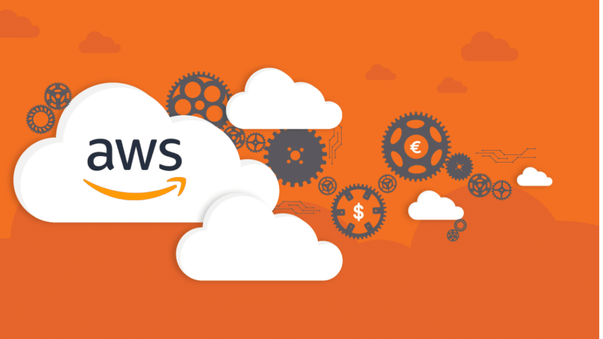 aws cloud cost optimization concept with gears currency icons and white clouds on orange background