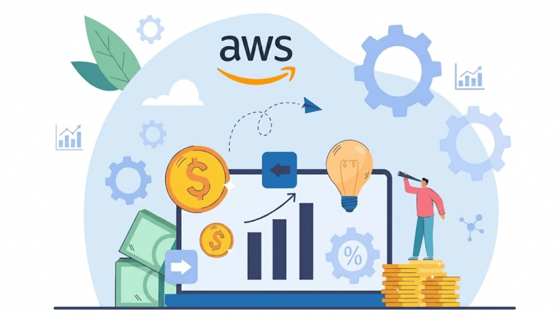 aws logo above a financial growth dashboard with coins cash light bulb gears and person analyzing business gains