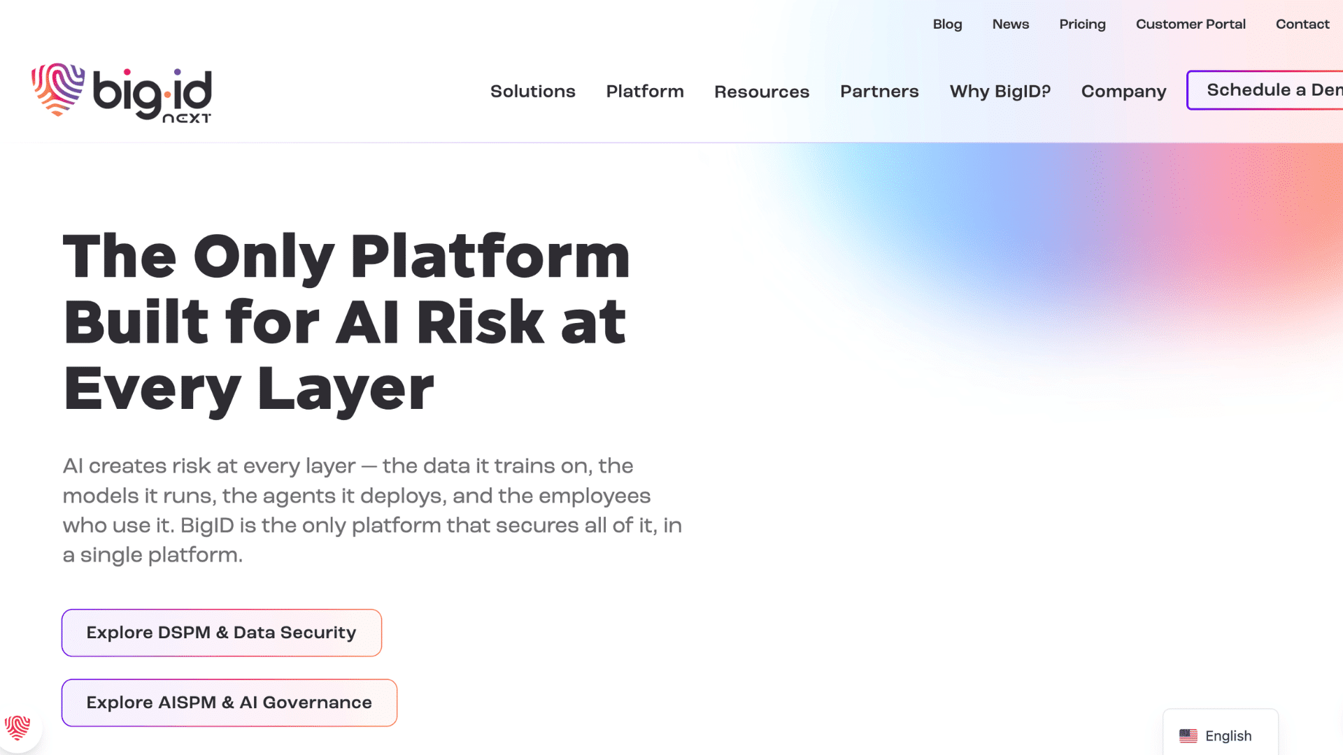 bigid homepage promoting ai risk management platform with security solutions navigation and demo scheduling button