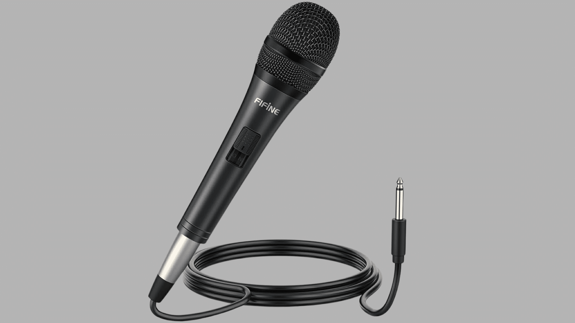 black handheld microphone with attached audio cable and metal mesh grille displayed on a light gray background