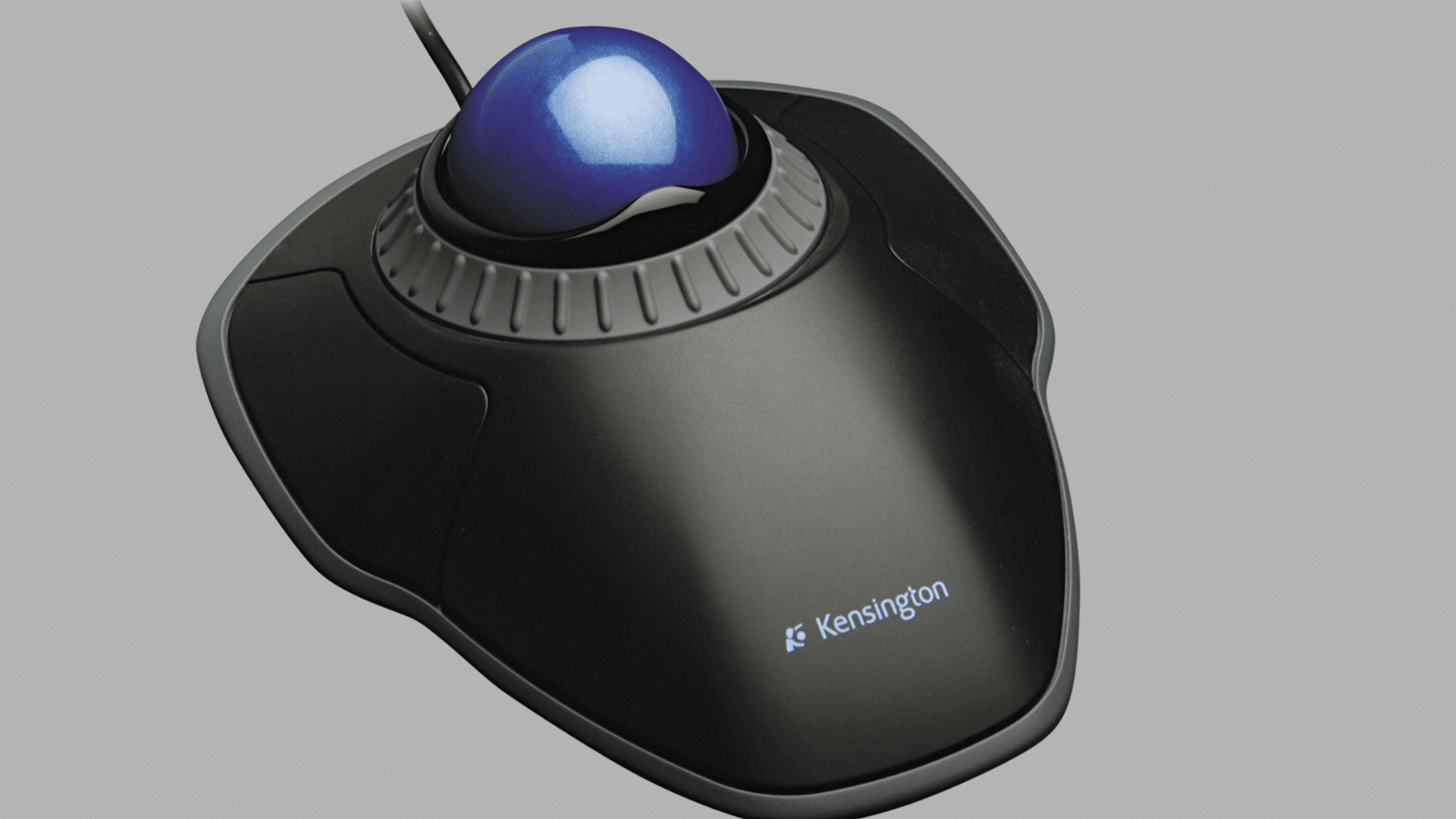 black trackball mouse with a large blue navigation ball and ergonomic design displayed on a light gray background