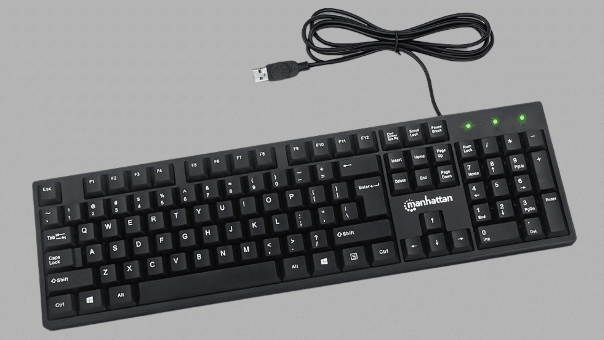black wired computer keyboard with full number pad and function keys shown on a light gray background