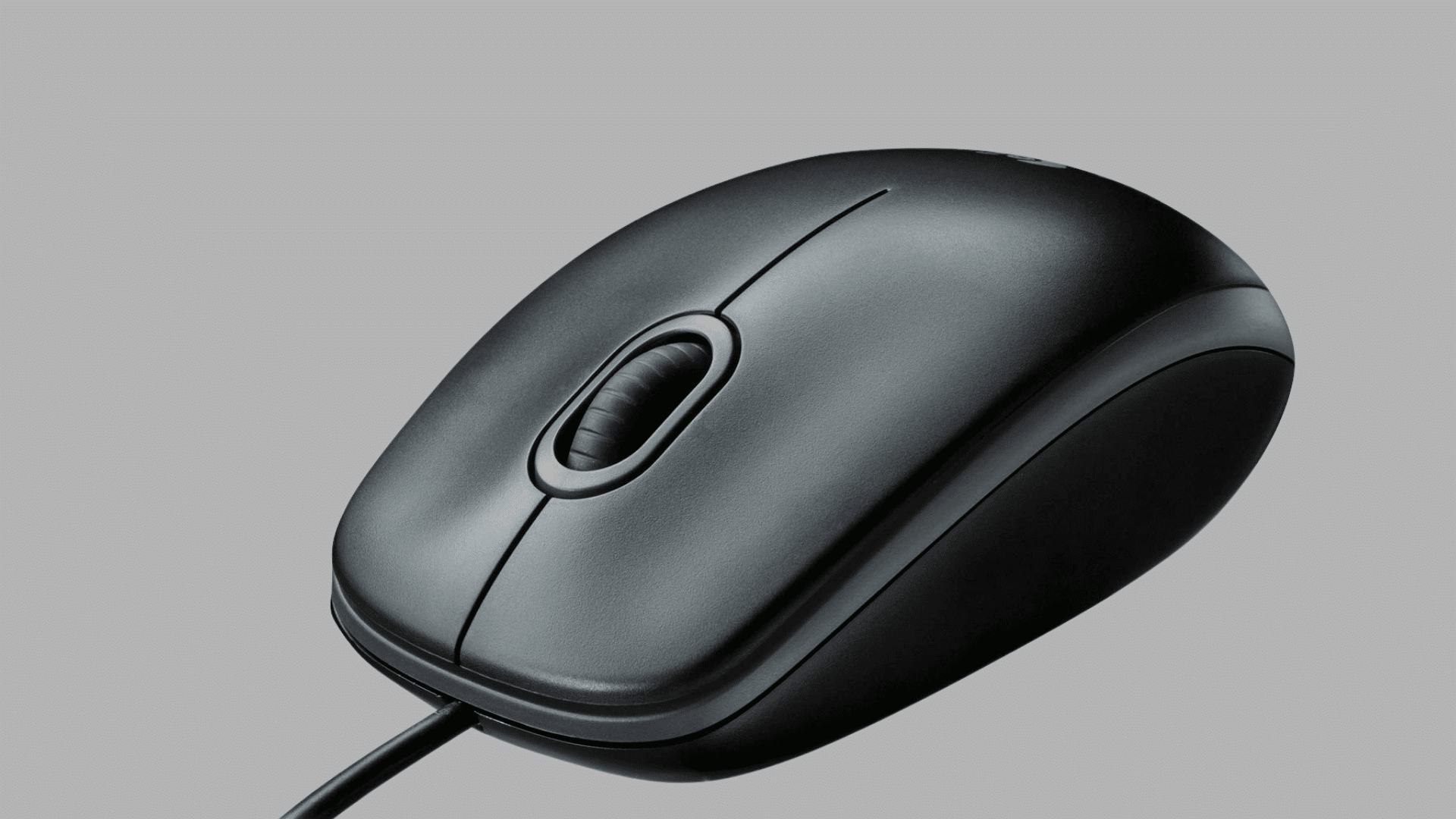 black wired computer mouse with scroll wheel and two buttons displayed on a light gray background angled from above