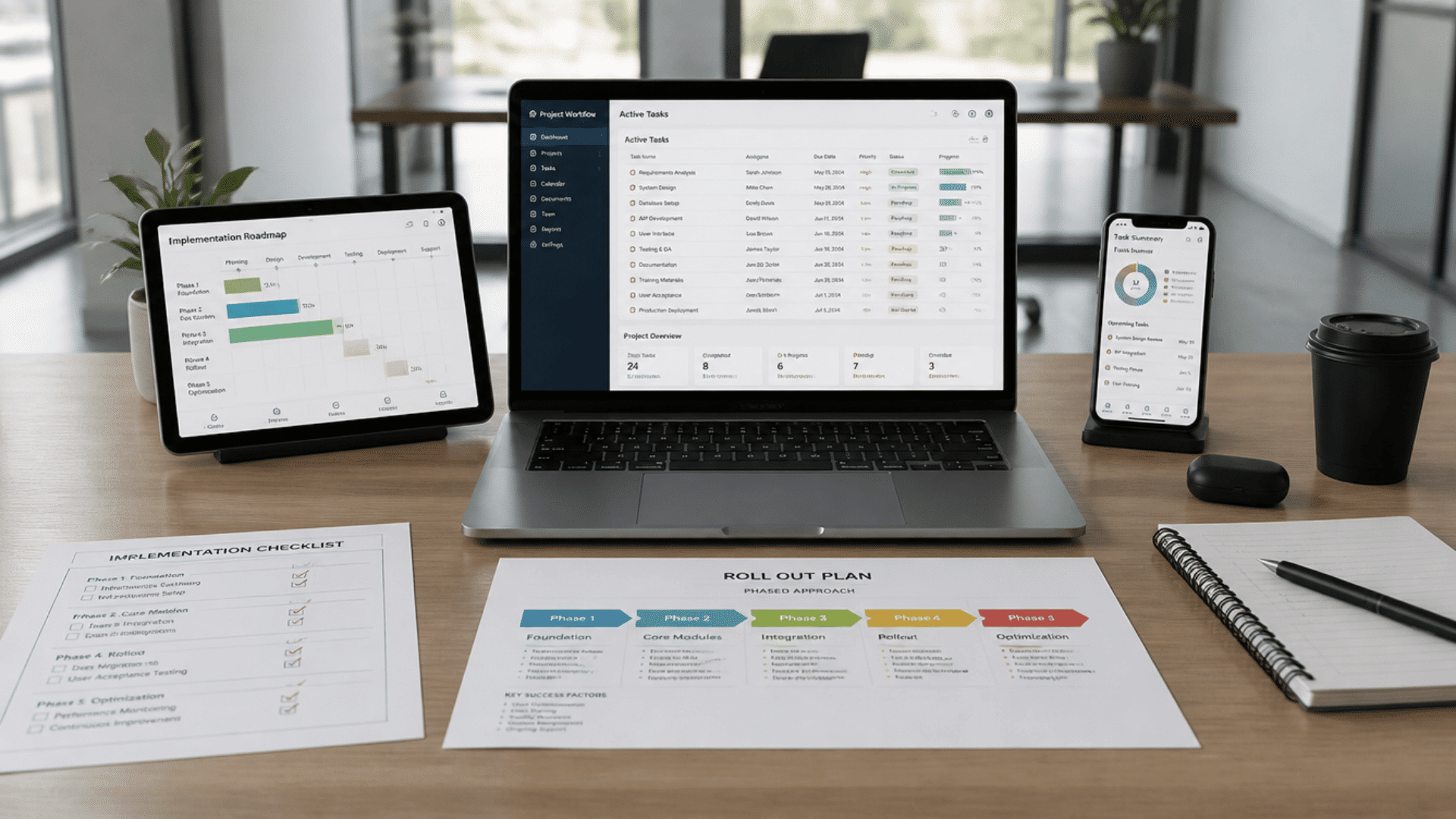 business workspace with planning dashboards workflow tools and structured technology implementation setup