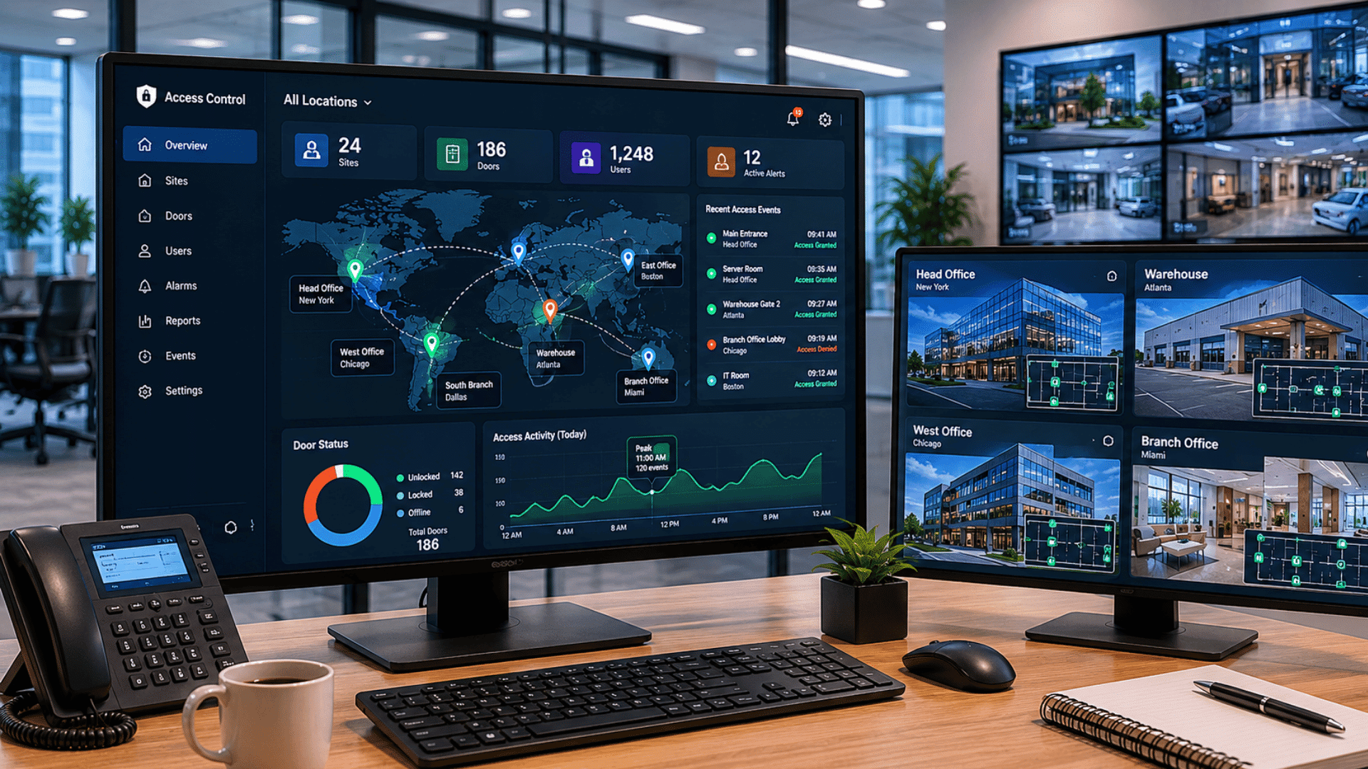 centralized monitoring workspace managing access systems across multiple commercial locations