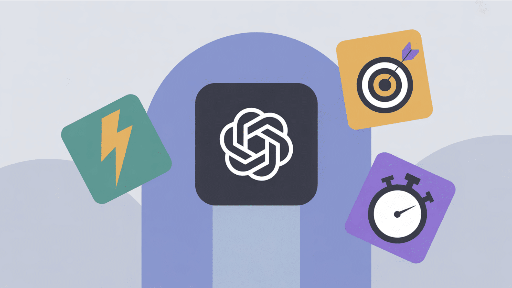 chatgpt logo between a lightning bolt speed icon and a target accuracy icon on soft blue background illustration