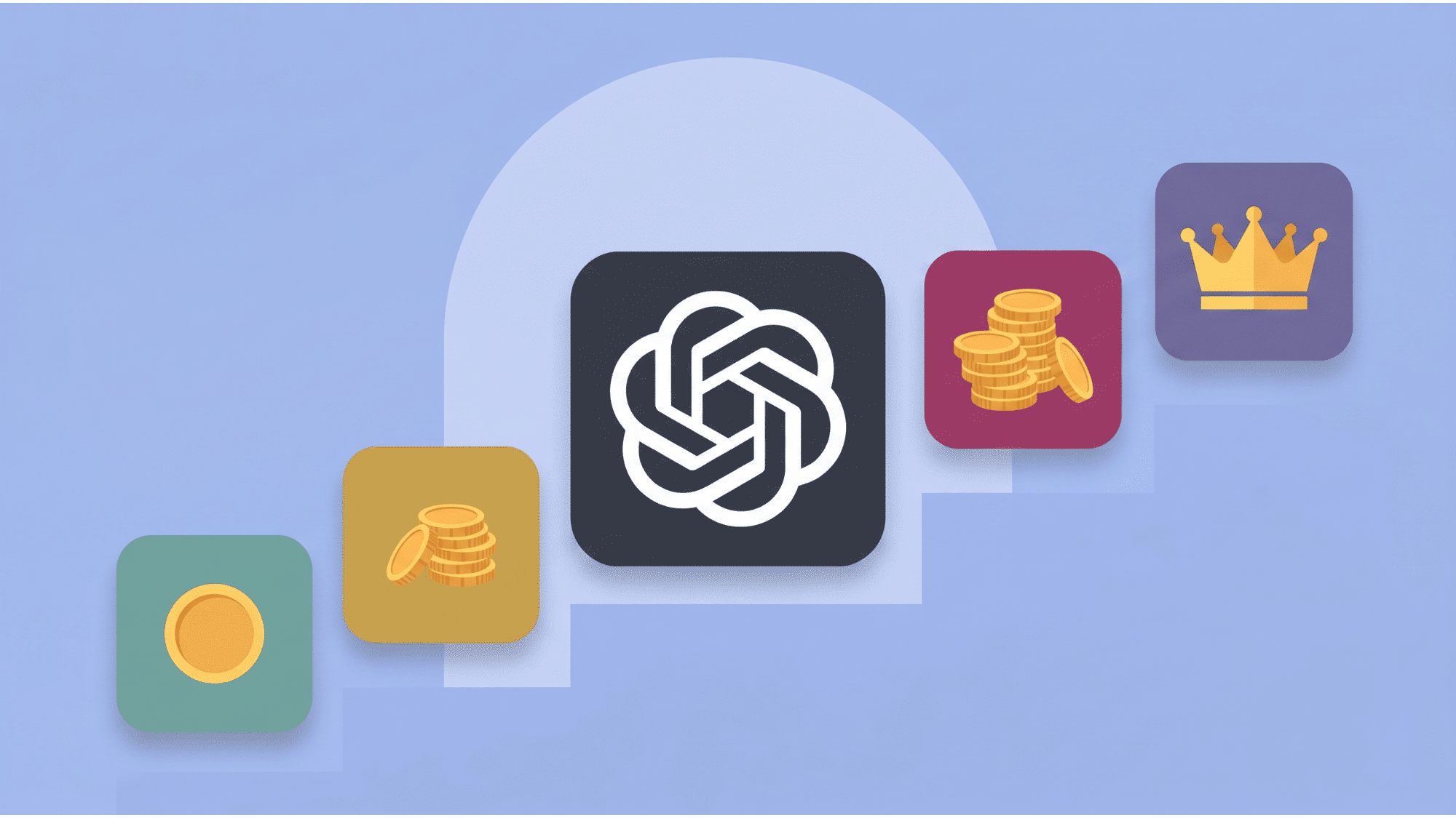 chatgpt logo surrounded by ascending coin stack and crown icon cards showing pricing tiers on soft blue background