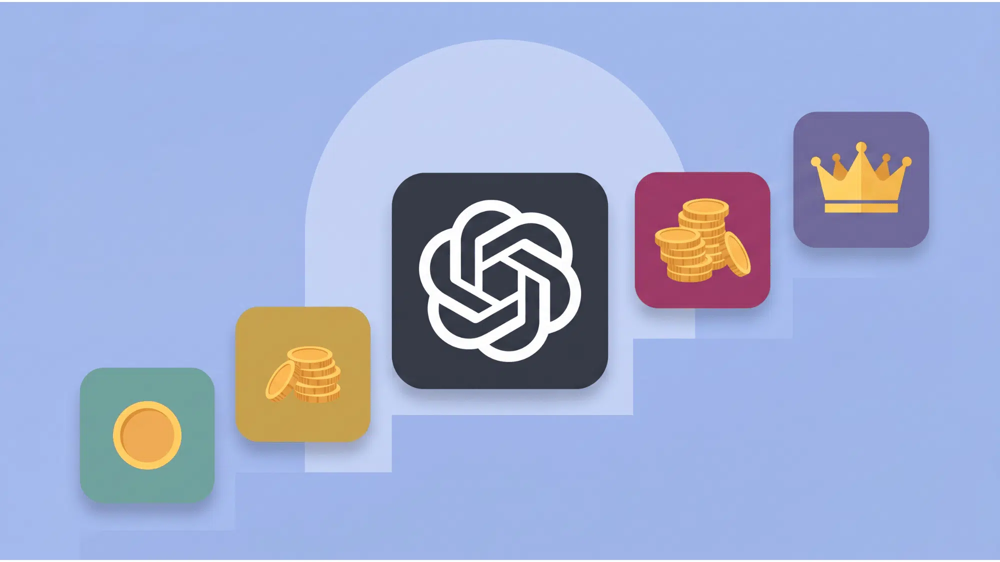 chatgpt logo surrounded by ascending coin stack and crown icon cards showing pricing tiers on soft blue background