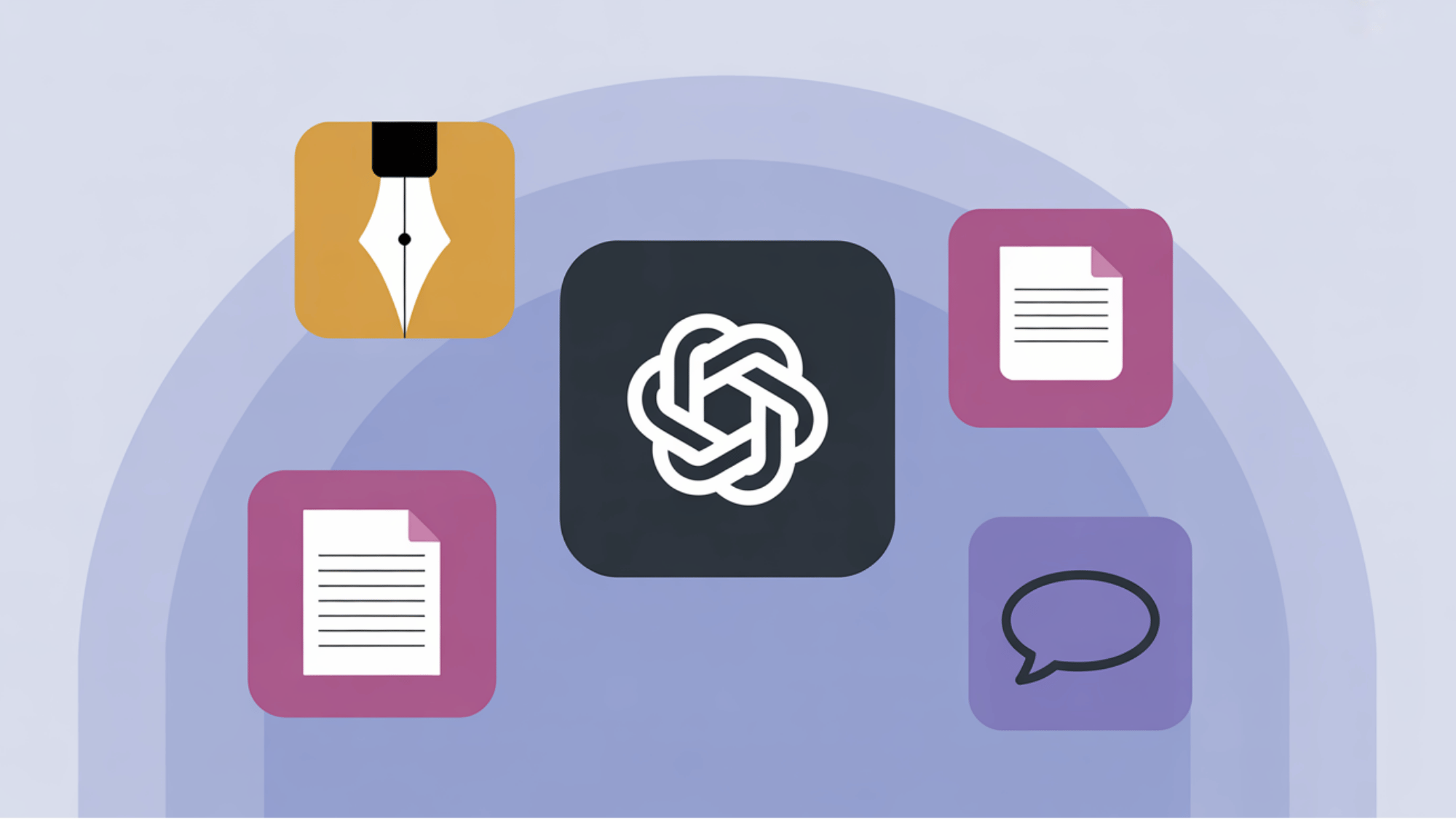 chatgpt logo with floating fountain pen document and speech bubble icon cards on soft blue flat illustration