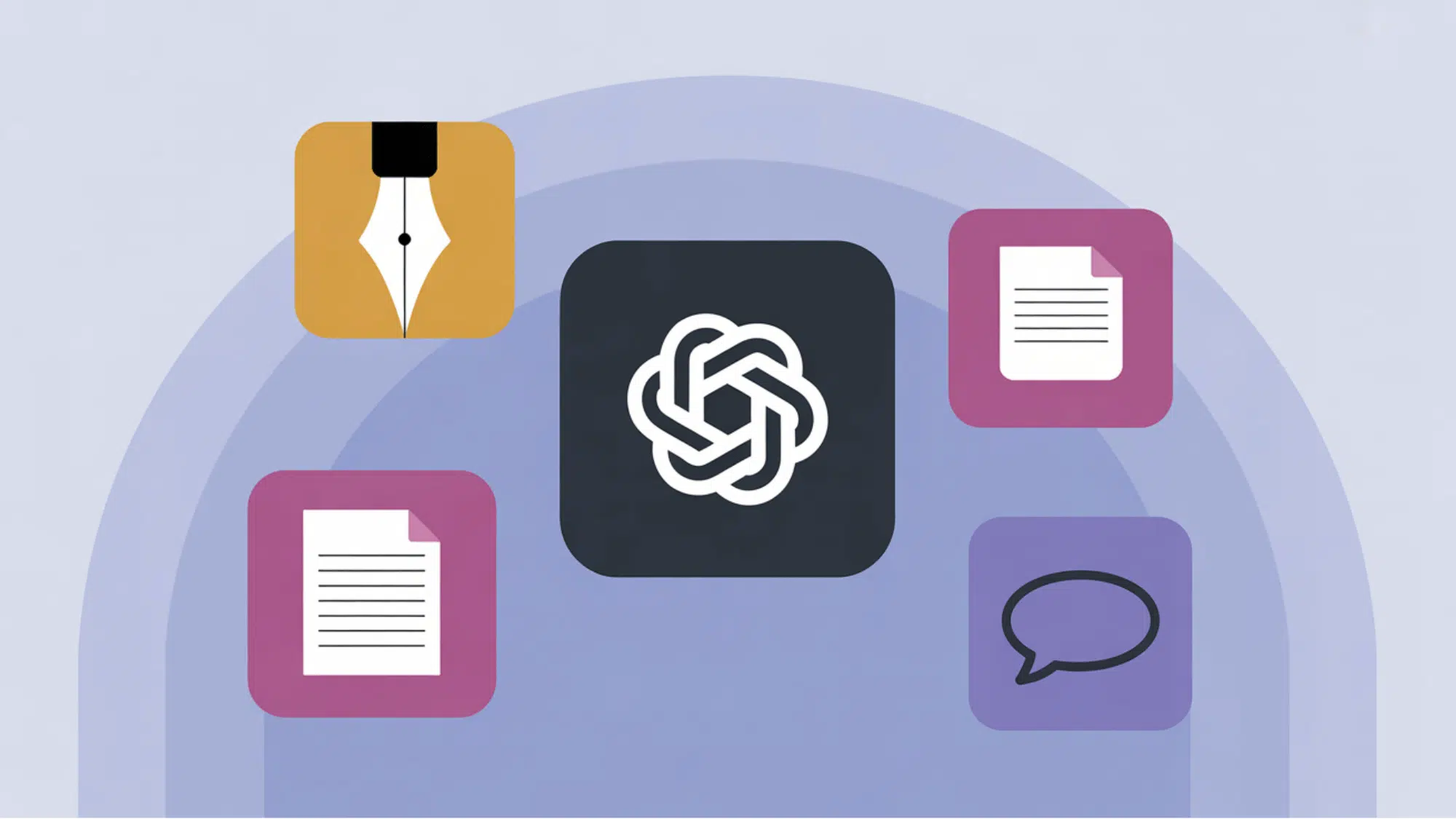 chatgpt logo with floating fountain pen document and speech bubble icon cards on soft blue flat illustration