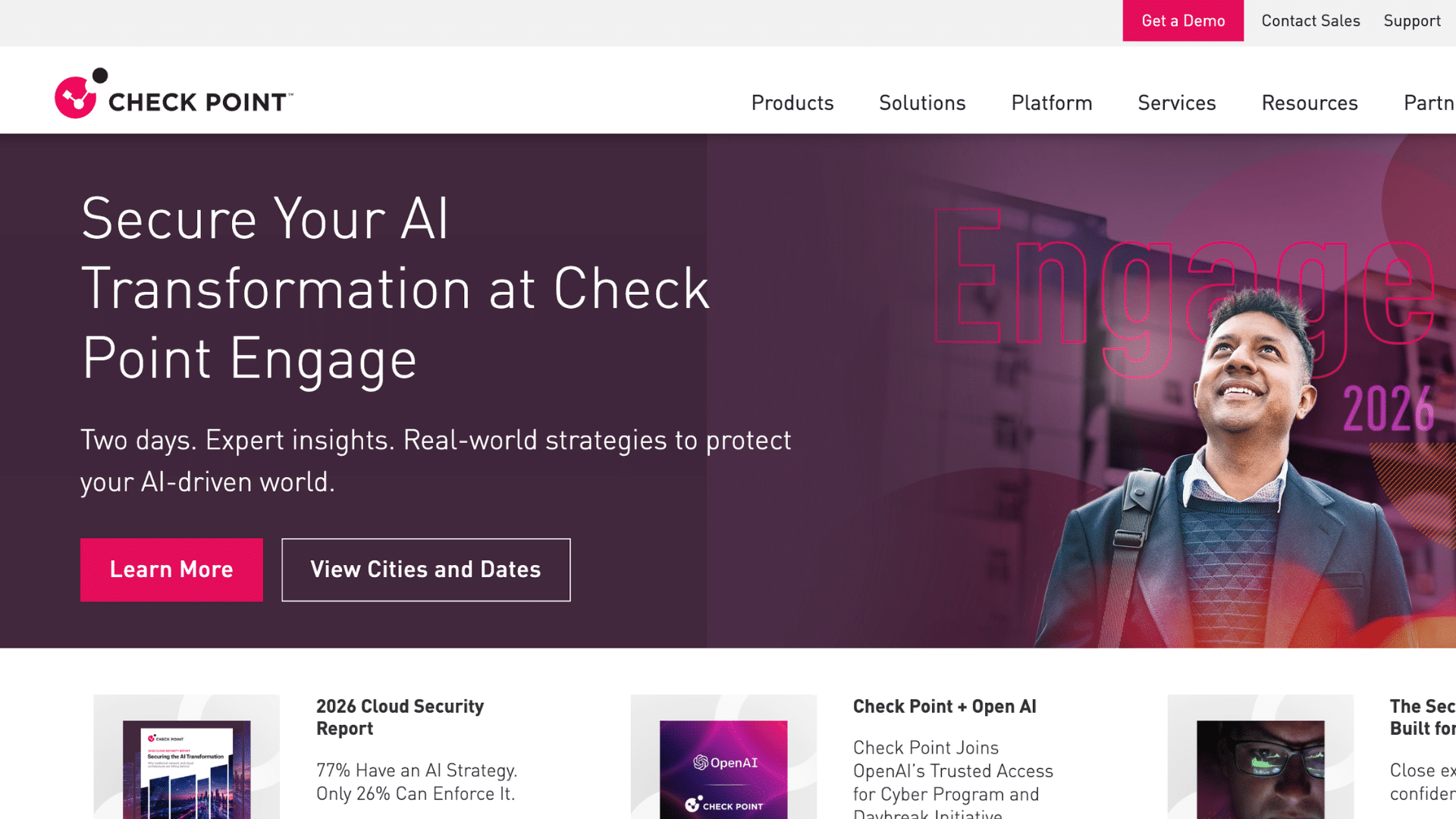 check point homepage promoting ai security transformation with conference event banner and cybersecurity resources for enterprises