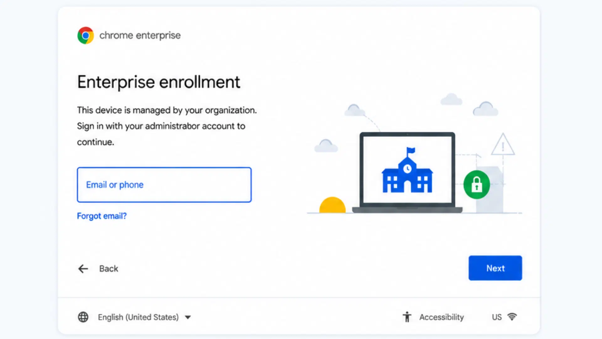 chrome enterprise enrollment screen requesting administrator account to continue setup