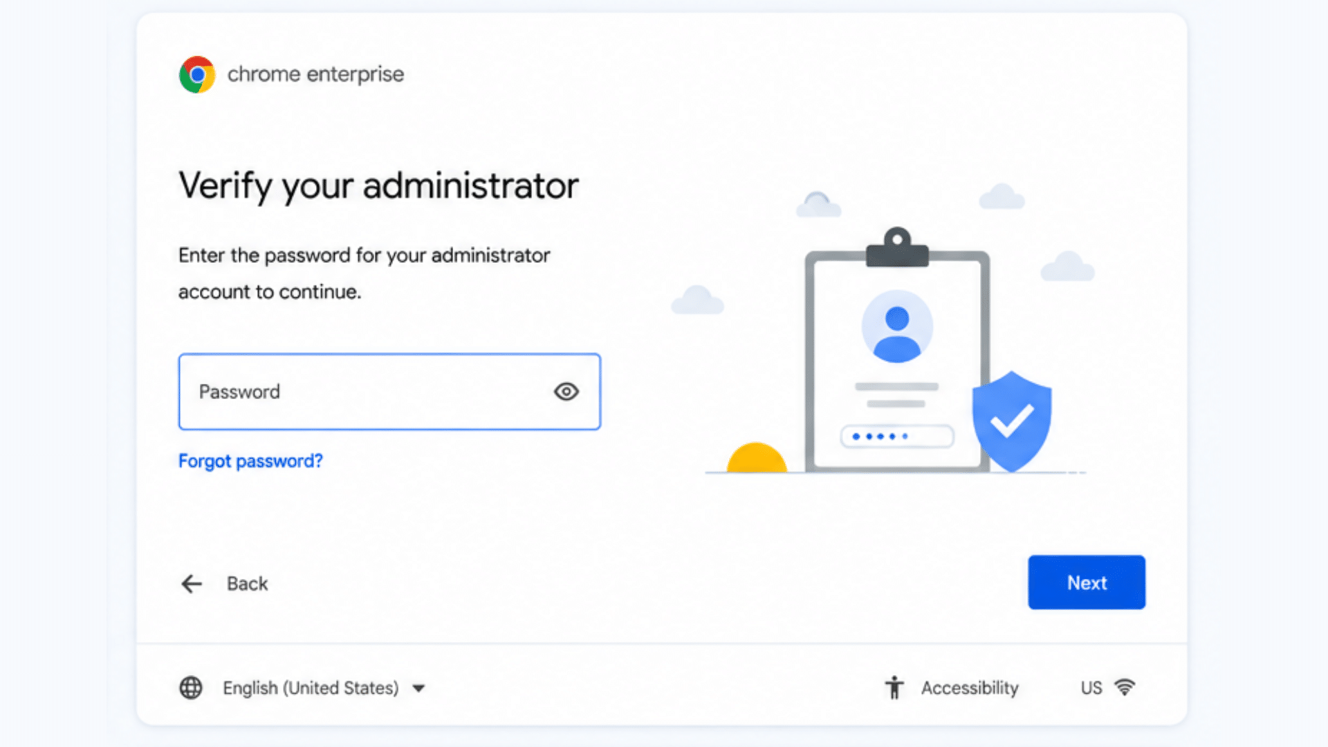 chromebook enterprise verification screen prompting administrator password during enrollment