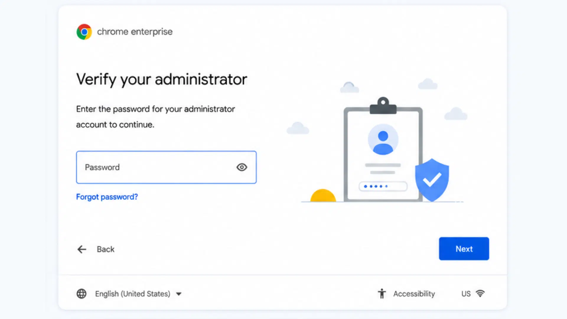 chromebook enterprise verification screen prompting administrator password during enrollment