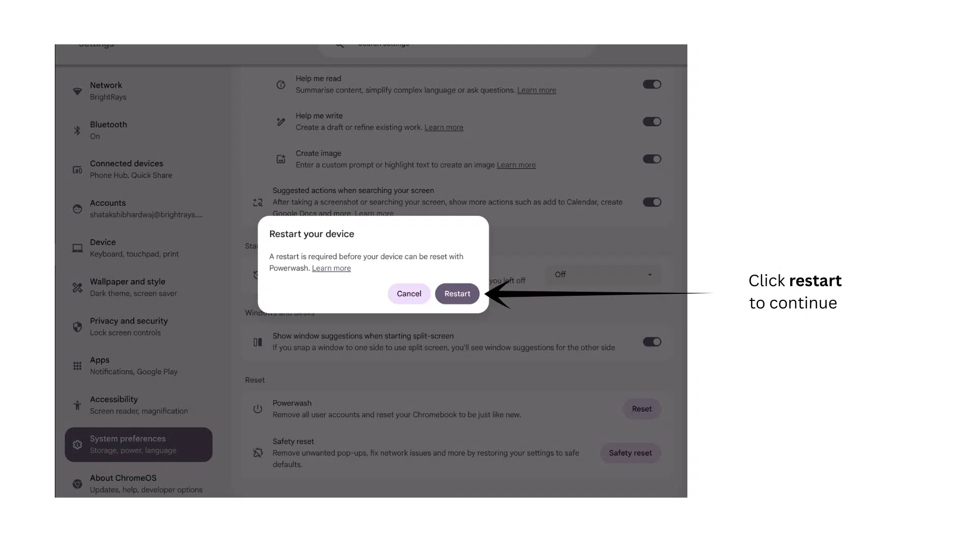 chromebook powerwash confirmation window showing the restart button before reset begins