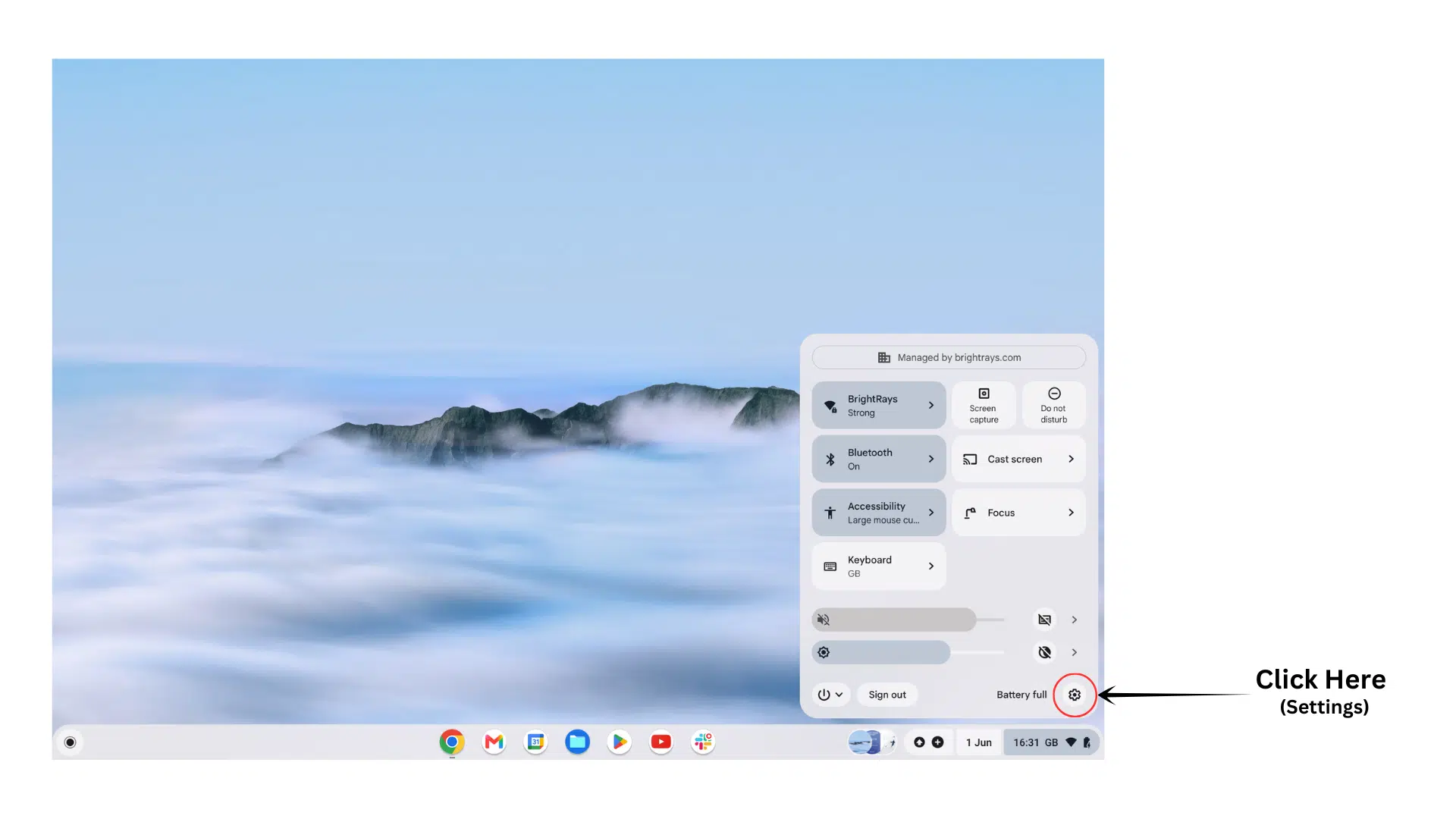 chromebook quick settings panel showing the settings option used to begin the powerwash reset process