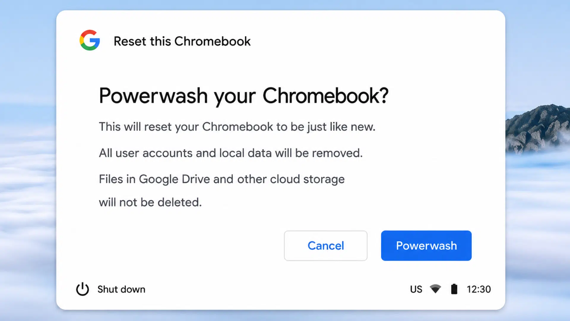 chromebook reset confirmation screen prompting users to continue with powerwash process