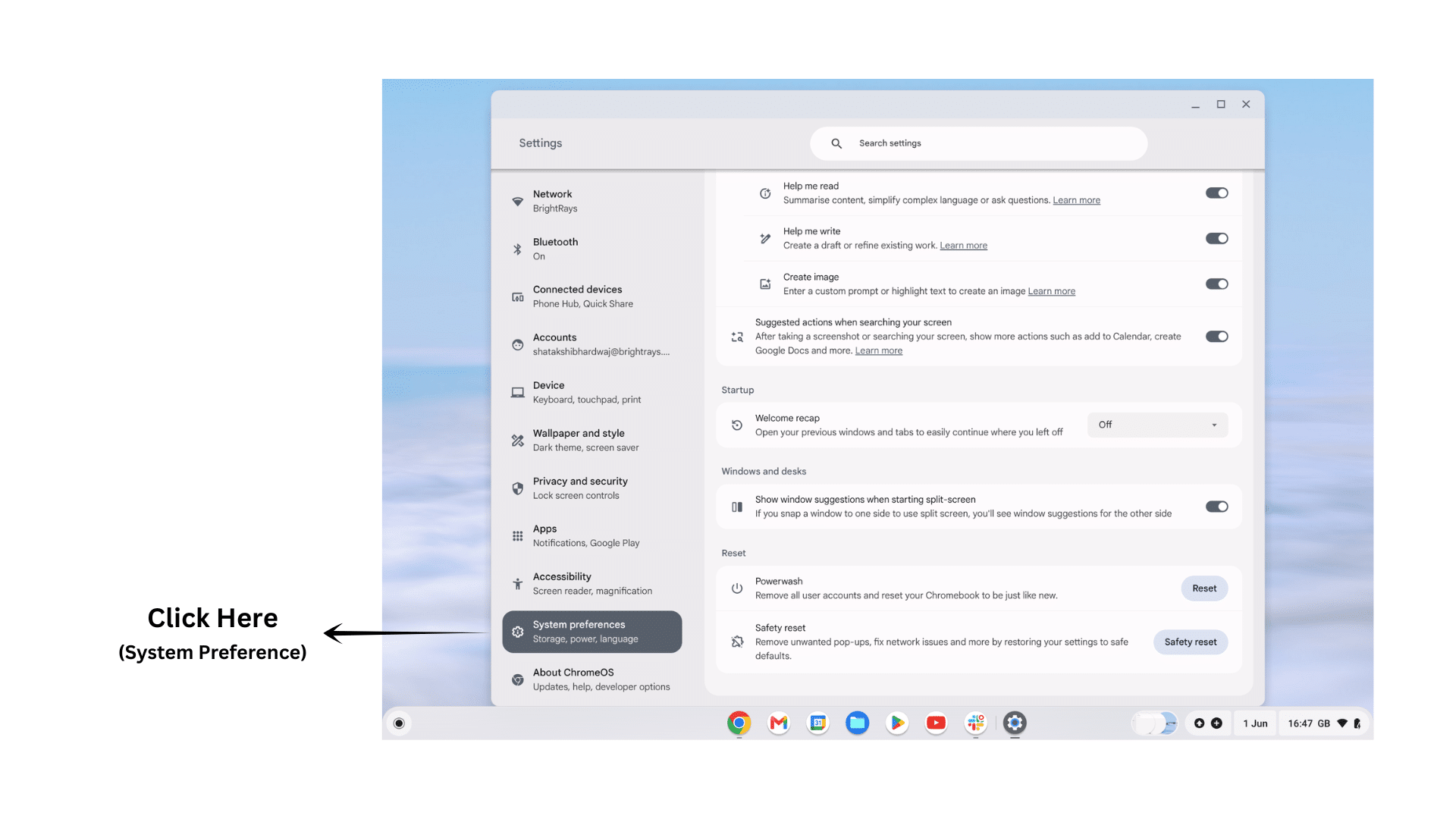 chromebook settings page displaying the reset section and available powerwash options