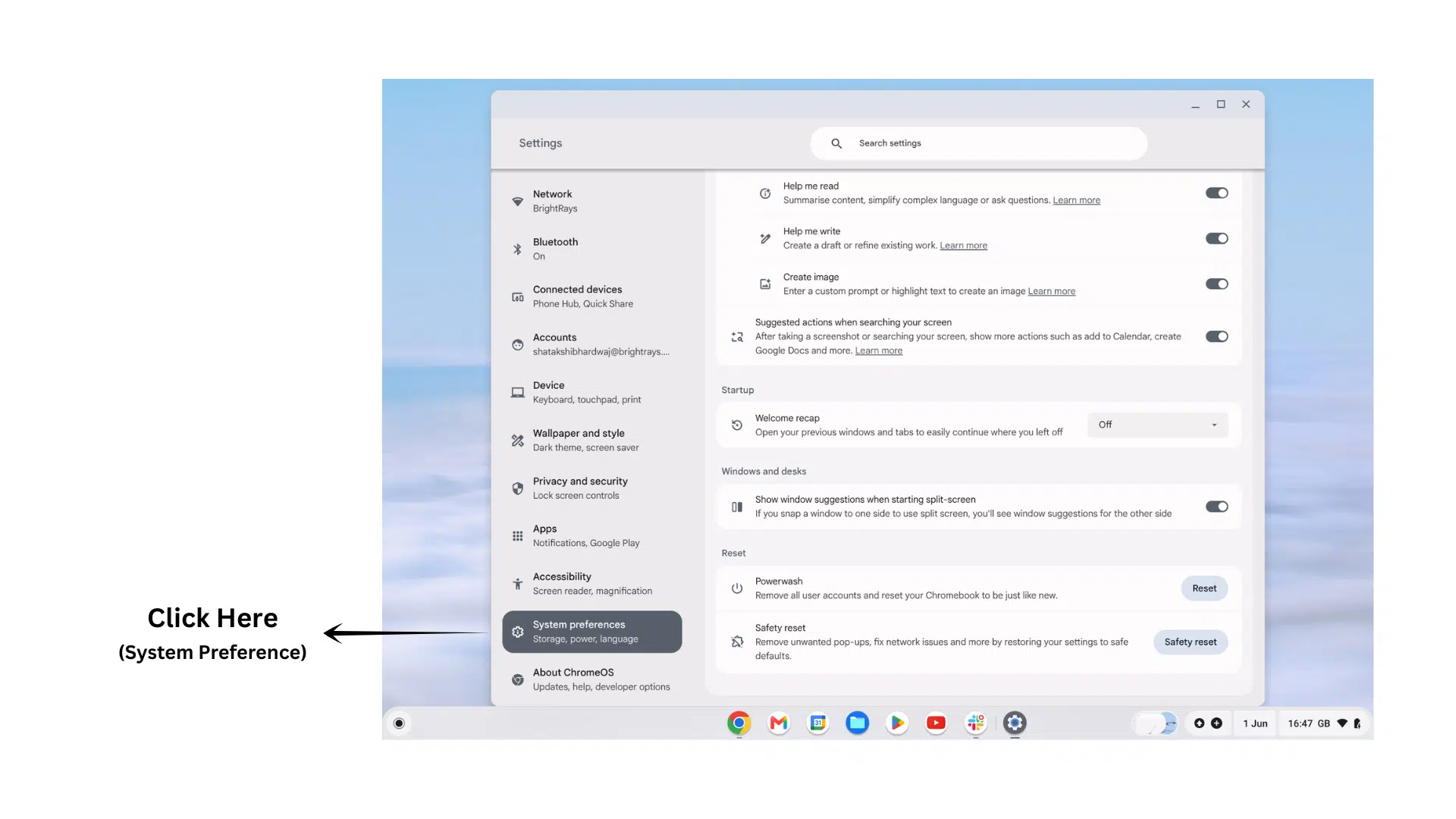 chromebook settings page displaying the reset section and available powerwash options